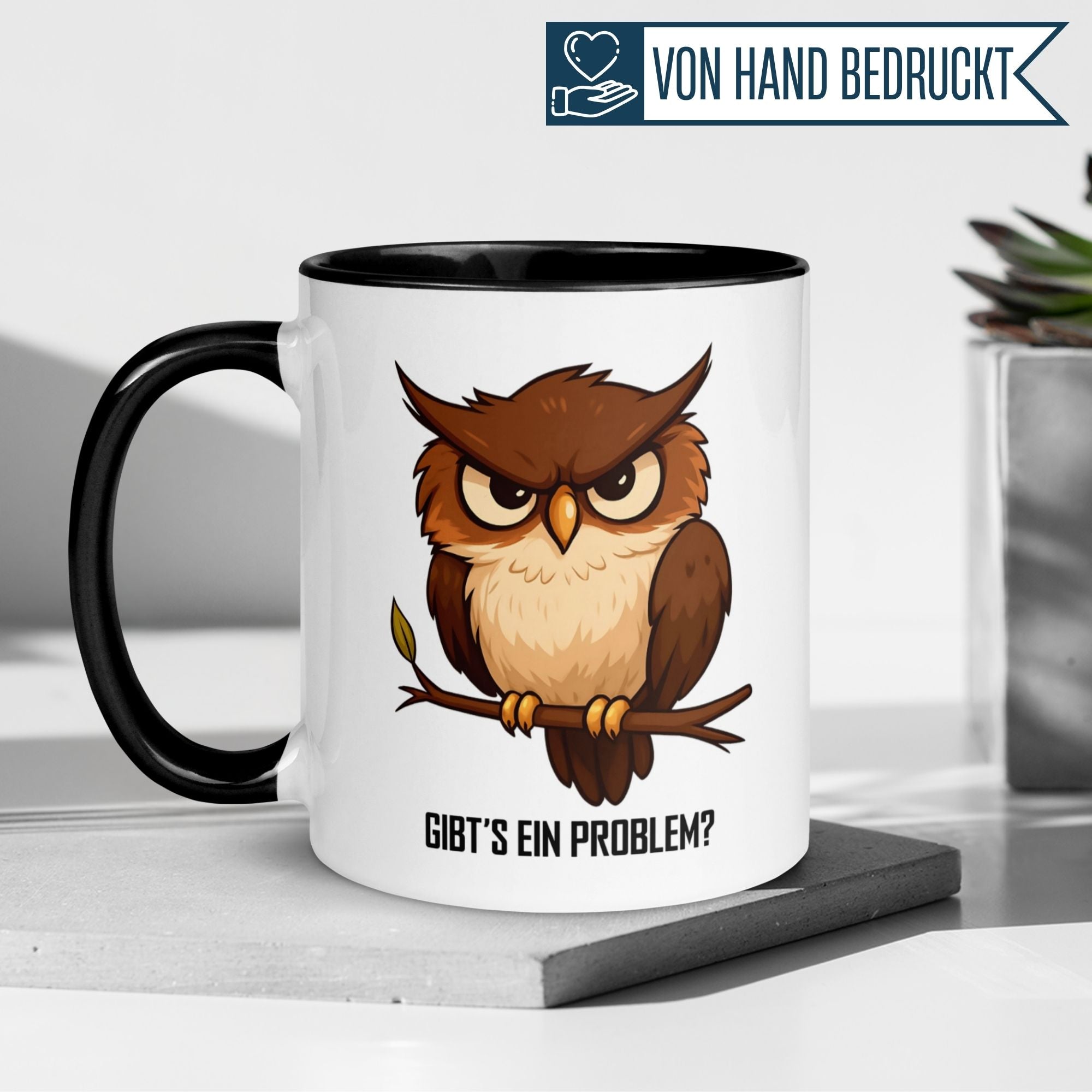 Momentals® Tasse mit Eule und Spruch "Gibt's ein Problem?" in modernem Design, ideal für Tierliebhaber.