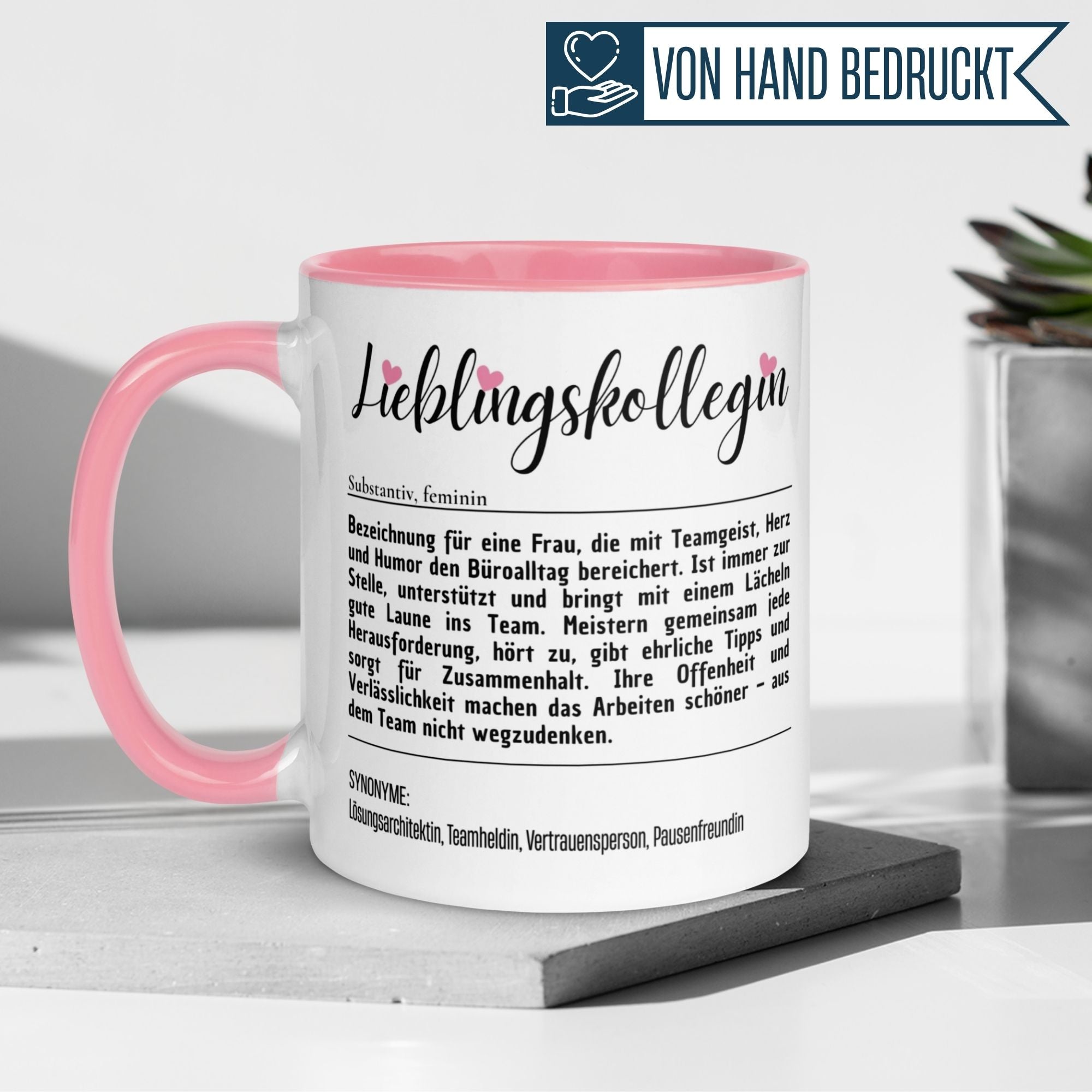 Momentals Tasse Lieblingskollegin mit herzlichem Spruch und rosa Innenfarbe, ideal als Dankeschön für Kolleginnen.
