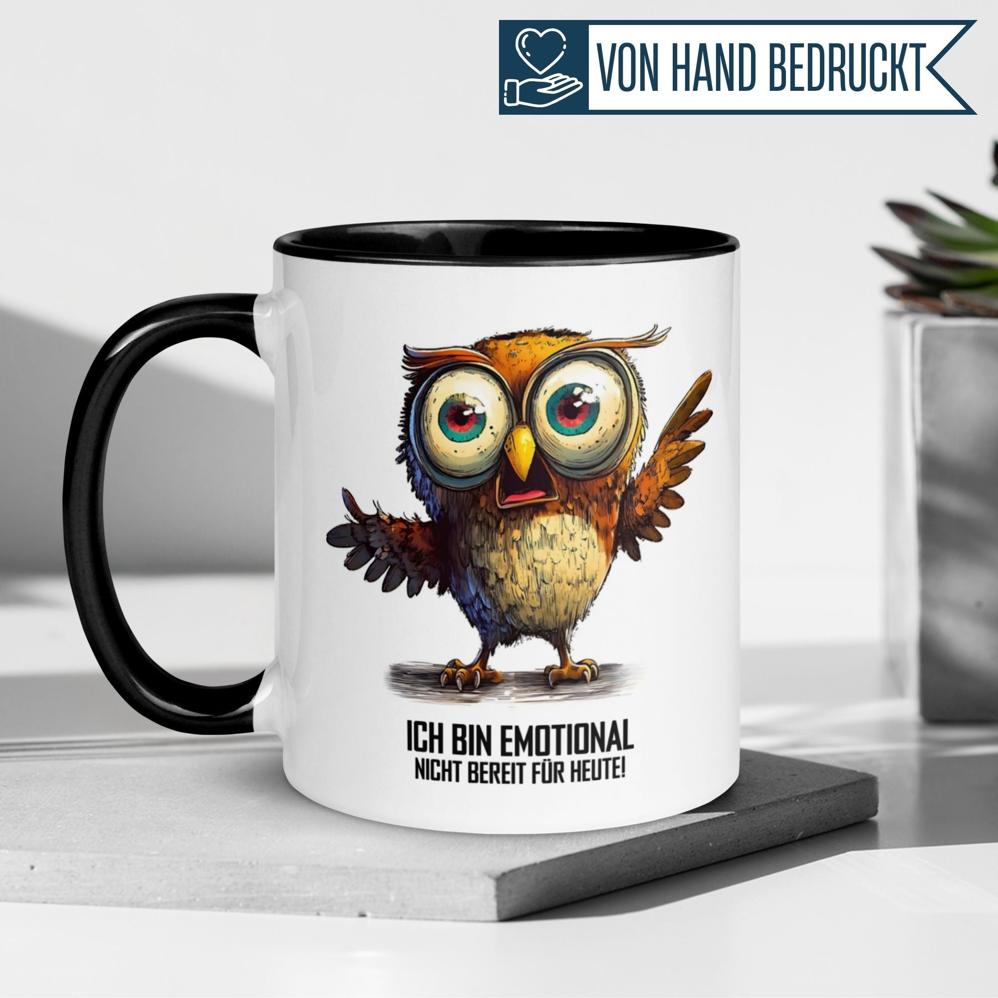 Momentals® Tasse mit witziger Eule und Spruch: 'Ich bin emotional nicht bereit für heute!'}