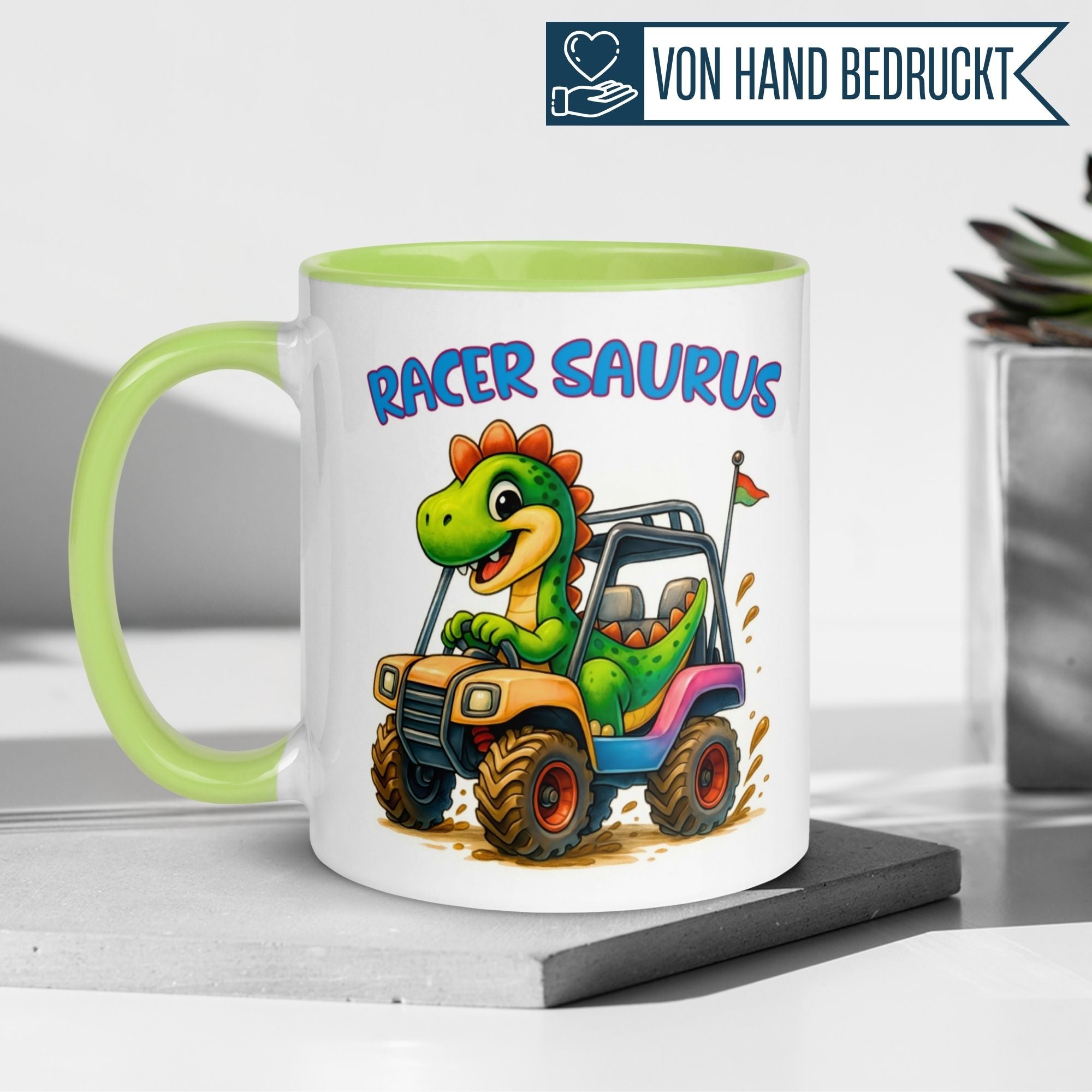 Tasse Dinosaurier – „Racer Saurus“ – Dino Geschenk Becher für Rennfahrer