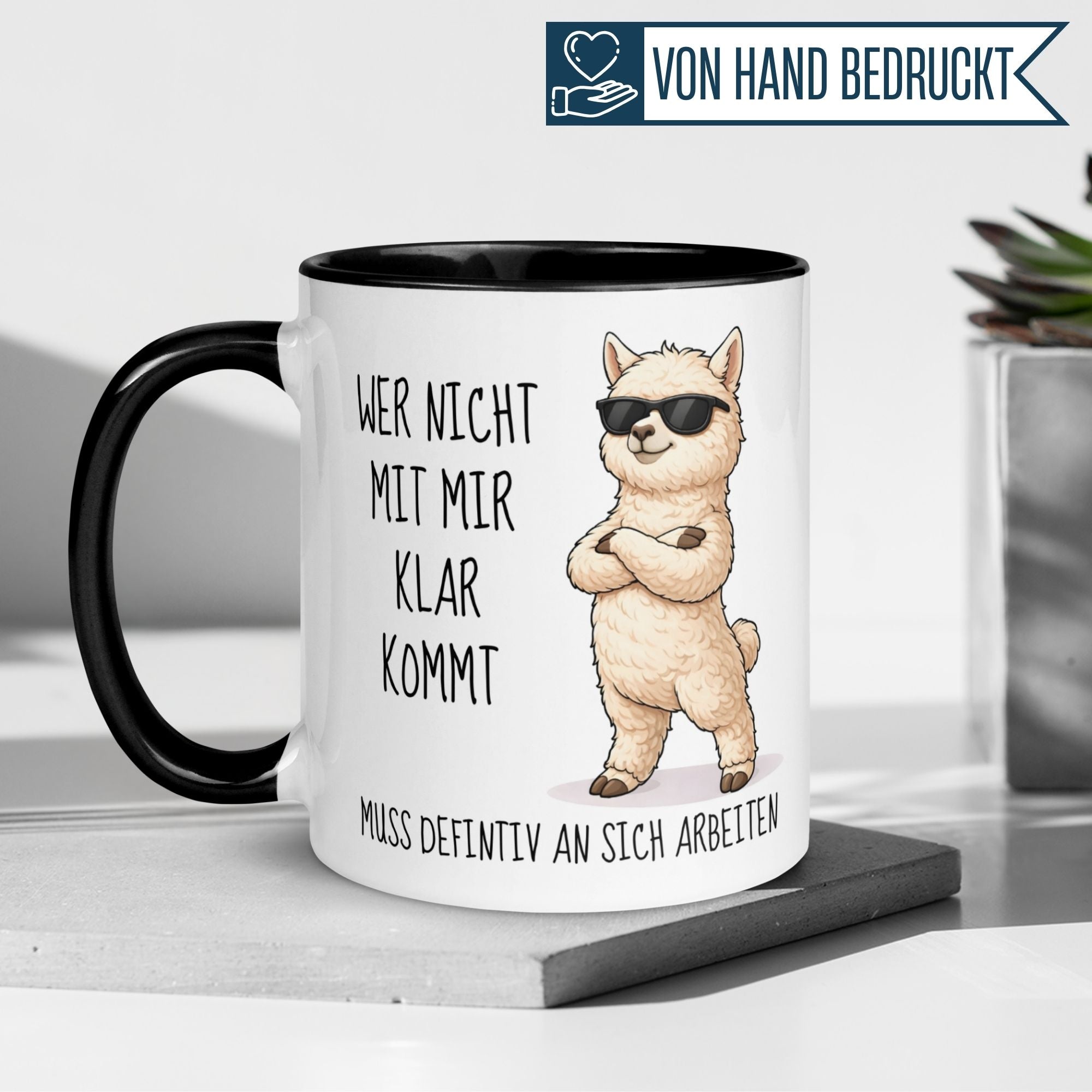 Tasse Alpaka – „Wer nicht mit mir klar kommt“ – lustiger Geschenk Becher