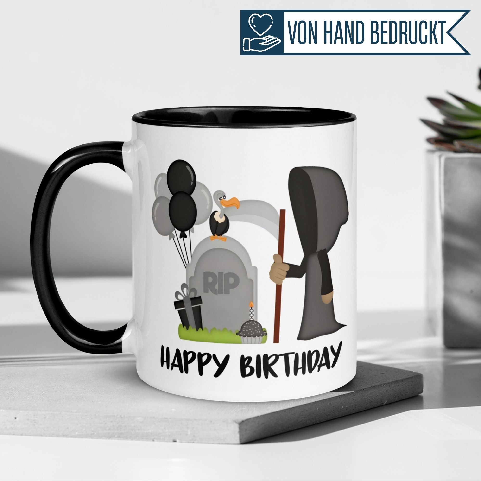 Tasse Geburtstag – „Happy Birthday – Sensenmann“ – Geburtstagstasse Mann Frau