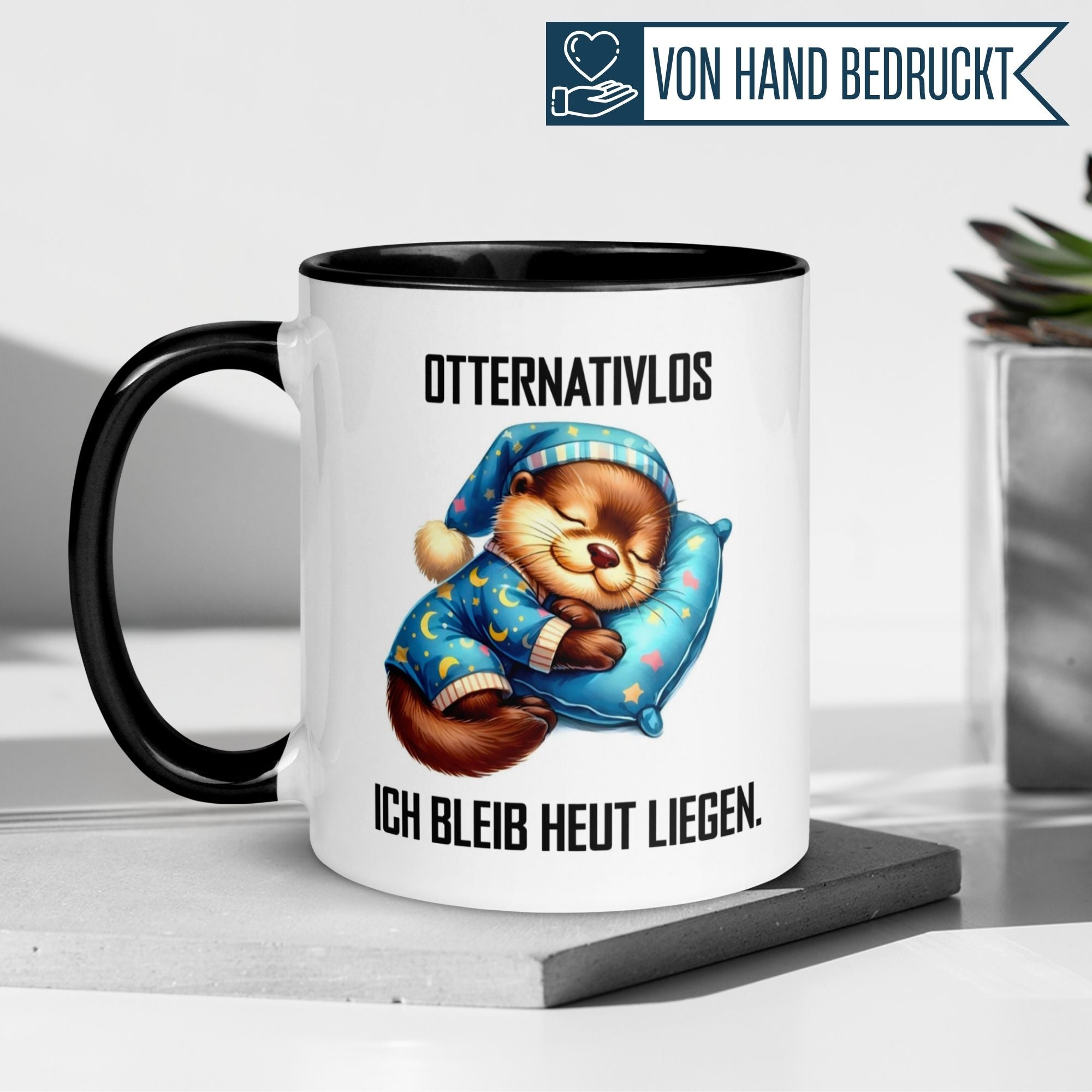 Momentals Tasse mit schlafendem Otter und Spruch "Ich bleib heut liegen" für Morgenmuffel