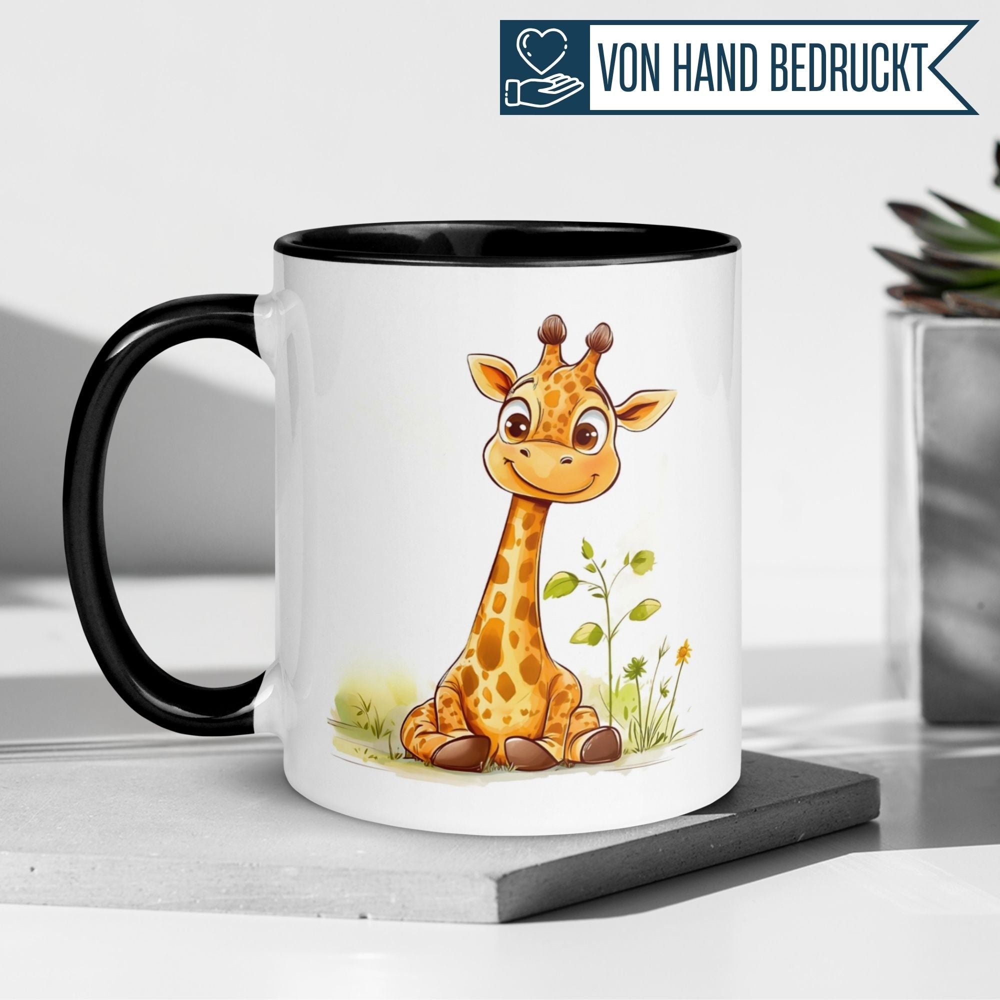 Mug featuring a cute cartoon giraffe sitting among flowers, perfect for morning coffee lovers.