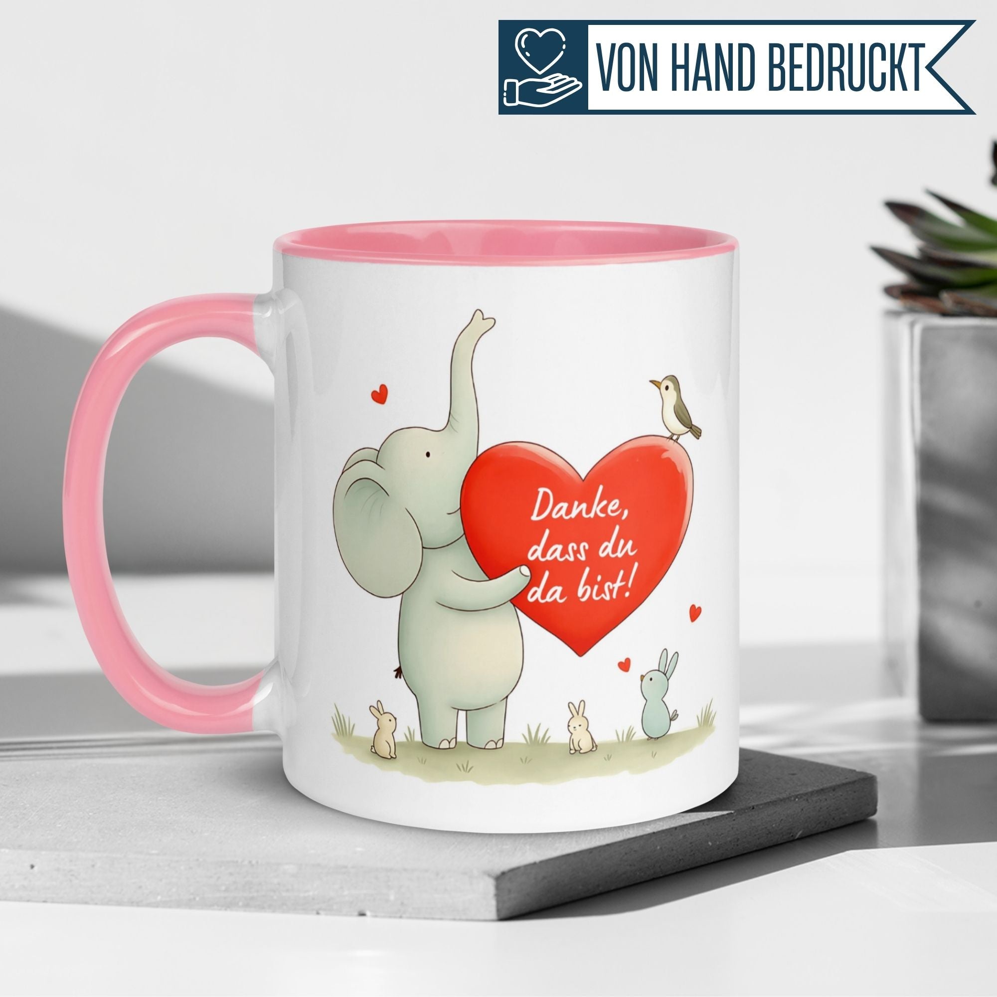 Momentals Tasse mit Elefant und Herz, die "Danke, dass du da bist!" sagt, fröhliches Design für Kaffeepause.