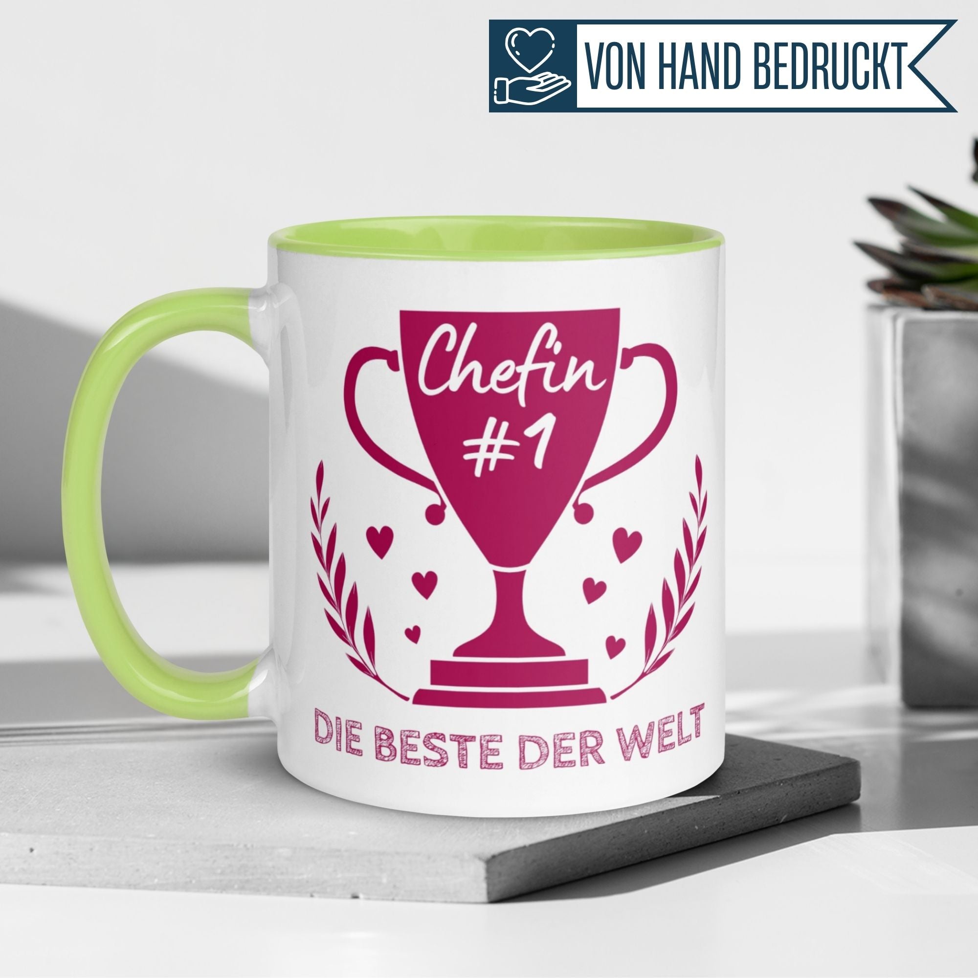 Momentals Tasse Chefin #1, pinke Pokal-Design, kreative Wertschätzung für die beste Chefin der Welt.
