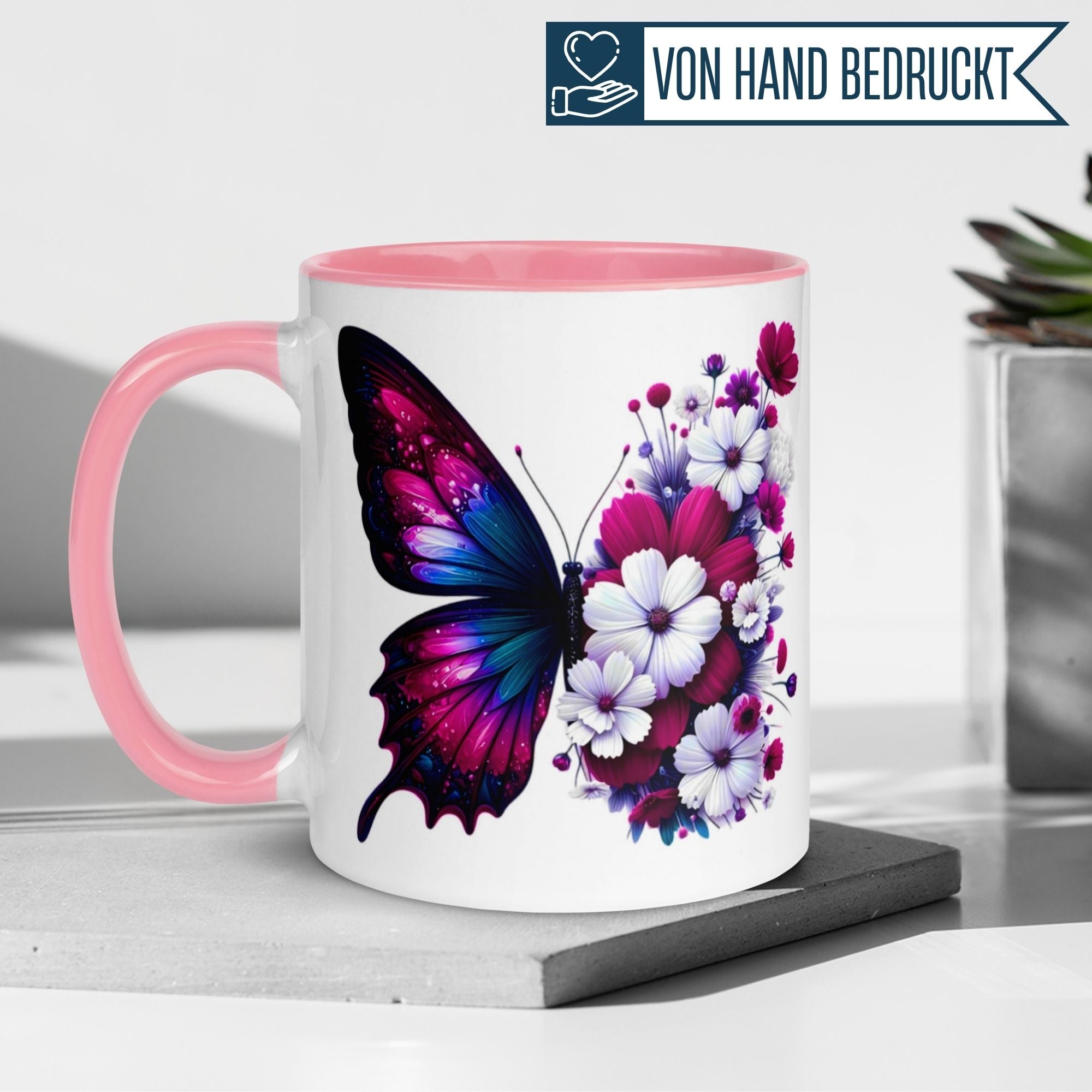 Tasse Schmetterling – „Blütendesign in Fuchsia“ – Geschenk mit Schmetterlingen