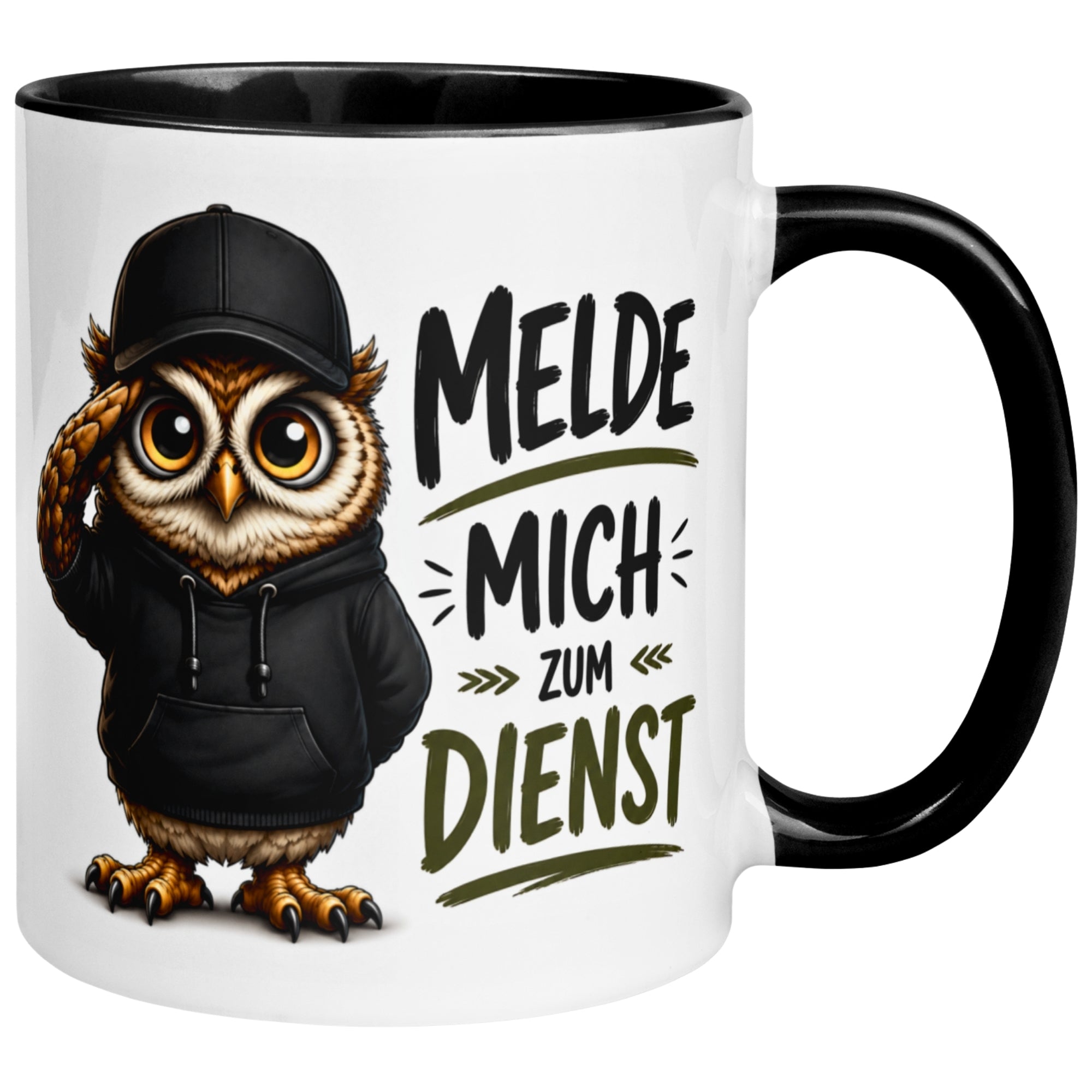 Tasse Eule – „Melde mich zum Dienst“ – lustiger Eulen Geschenk Becher für Morgenmuffel