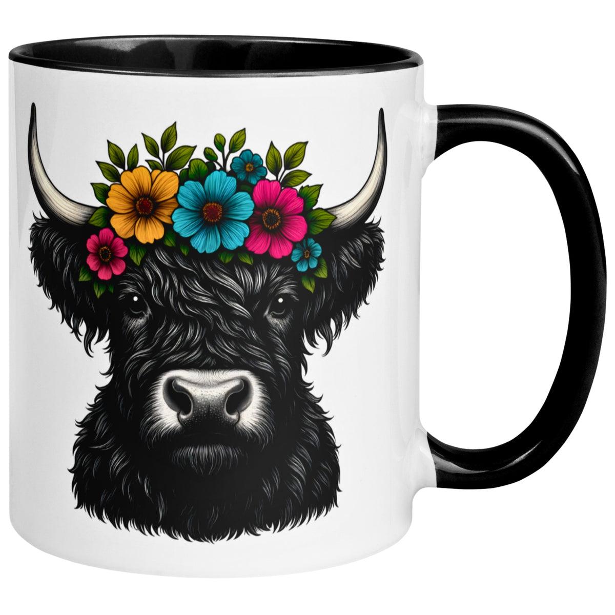 Tasse Kuh – „Highland Rind mit Blumenkranz“ – Geschenk Becher für Rinder Fans