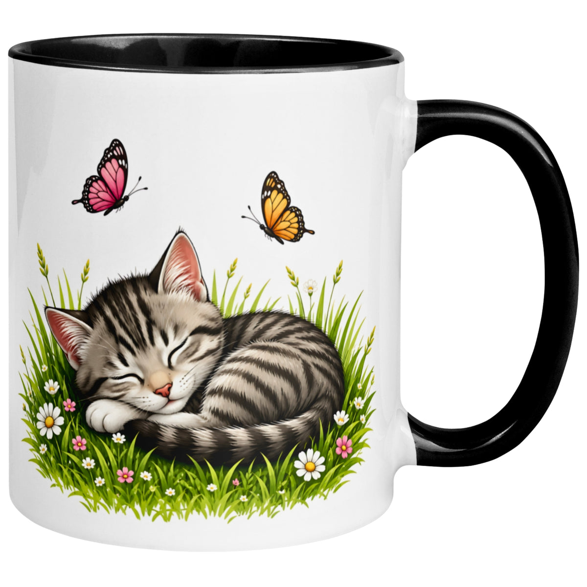 Tasse Katze – „Schlafende Katze mit Schmetterlingen“ – lustiger Katzen Geschenk Becher