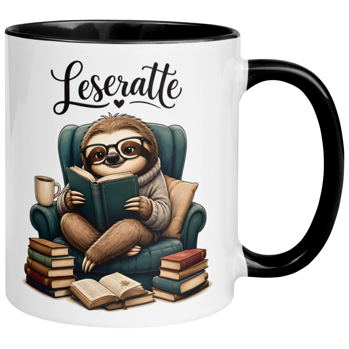 Tasse Faultier – „Sessel und Buch“ – lustiger Geschenk Becher für Leseratten
