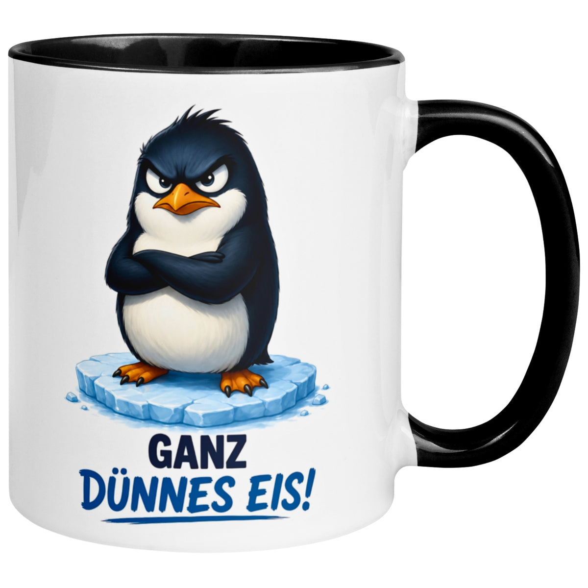 Tasse Pinguin – „Ganz dünnes Eis“ – lustiger Geschenk Becher für Morgenmuffel