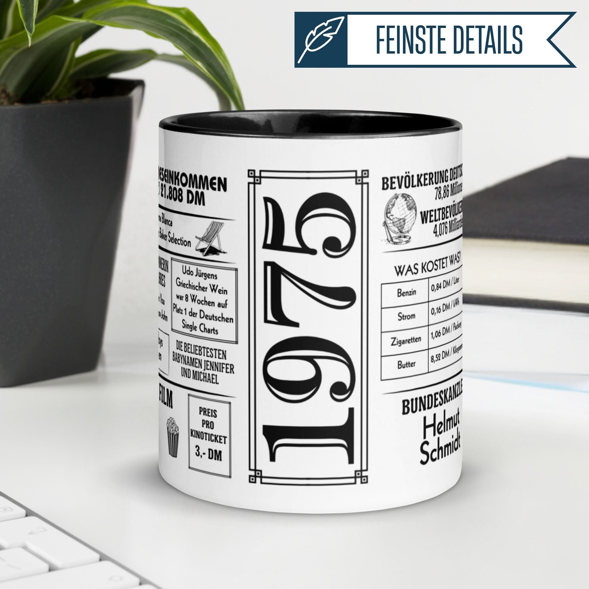 Rundum bedruckte Tasse zum 50. Geburtstag mit inspirierenden Details aus 1975 für Kaffee oder Tee.