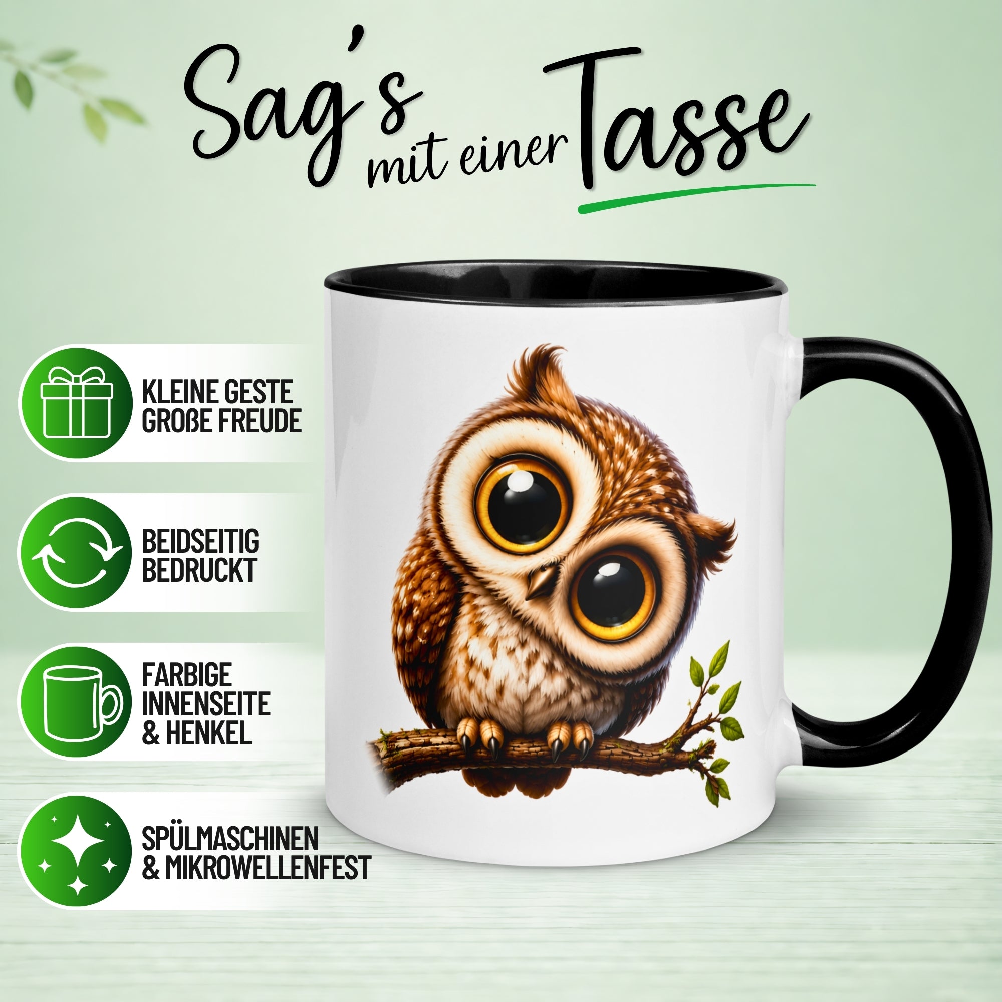 Tasse Eule – „Eule mit großen Augen“ – lustiger Eulen Geschenk Becher