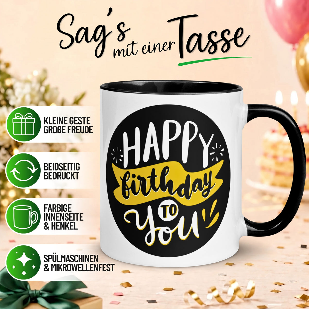 Tasse Geburtstag – „Happy Birthday Schwarz Gold“ – Geburtstagsgeschenk Mann Frau