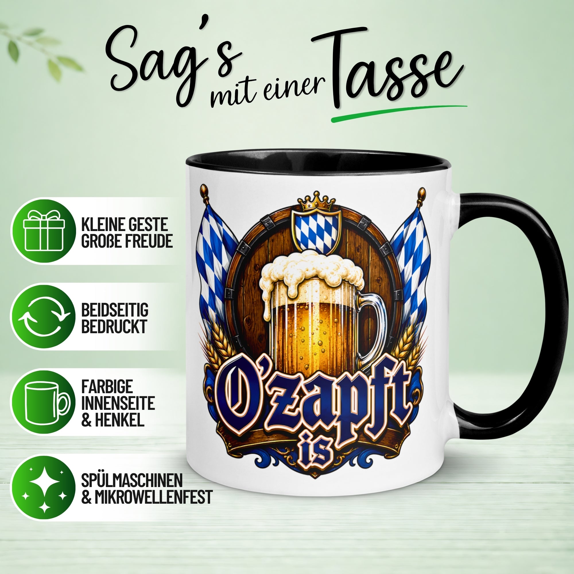Tasse Bayrische Kaffeetasse – „O’zapft is“ – Bierglas Männergeschenk