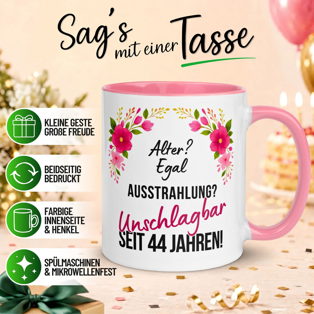 Tasse 44. Geburtstag Frau – „Ausstrahlung Unschlagbar seit 44 Jahren“ – Geschenk zum Geburtstag Frauen