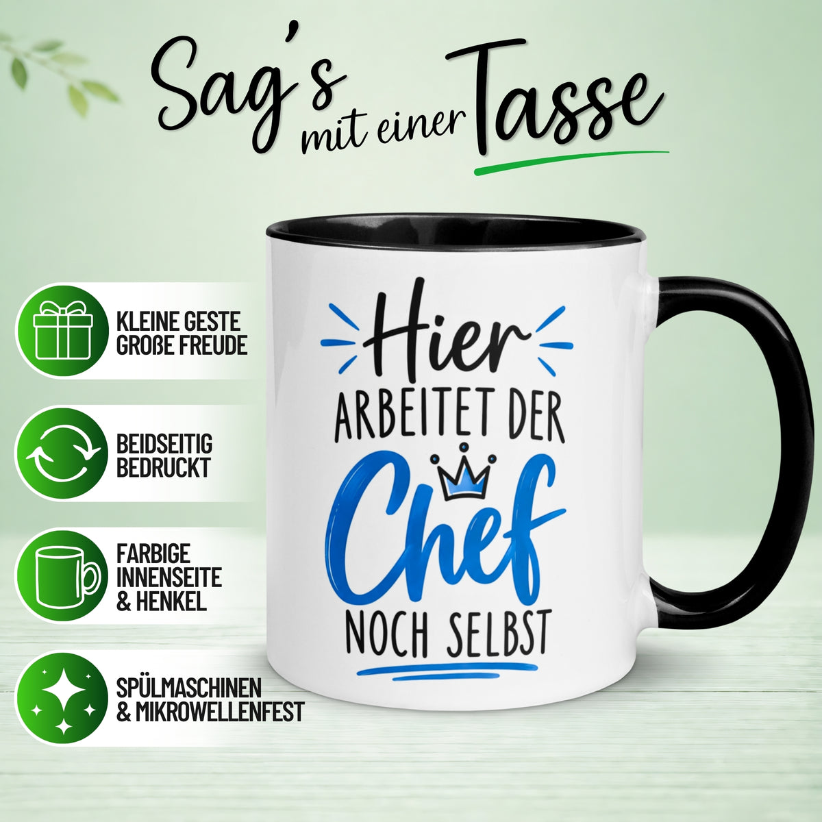 Tasse Chef – „Hier arbeitet der Chef noch selbst“ – Geschenk Kaffeetasse Bester Chef
