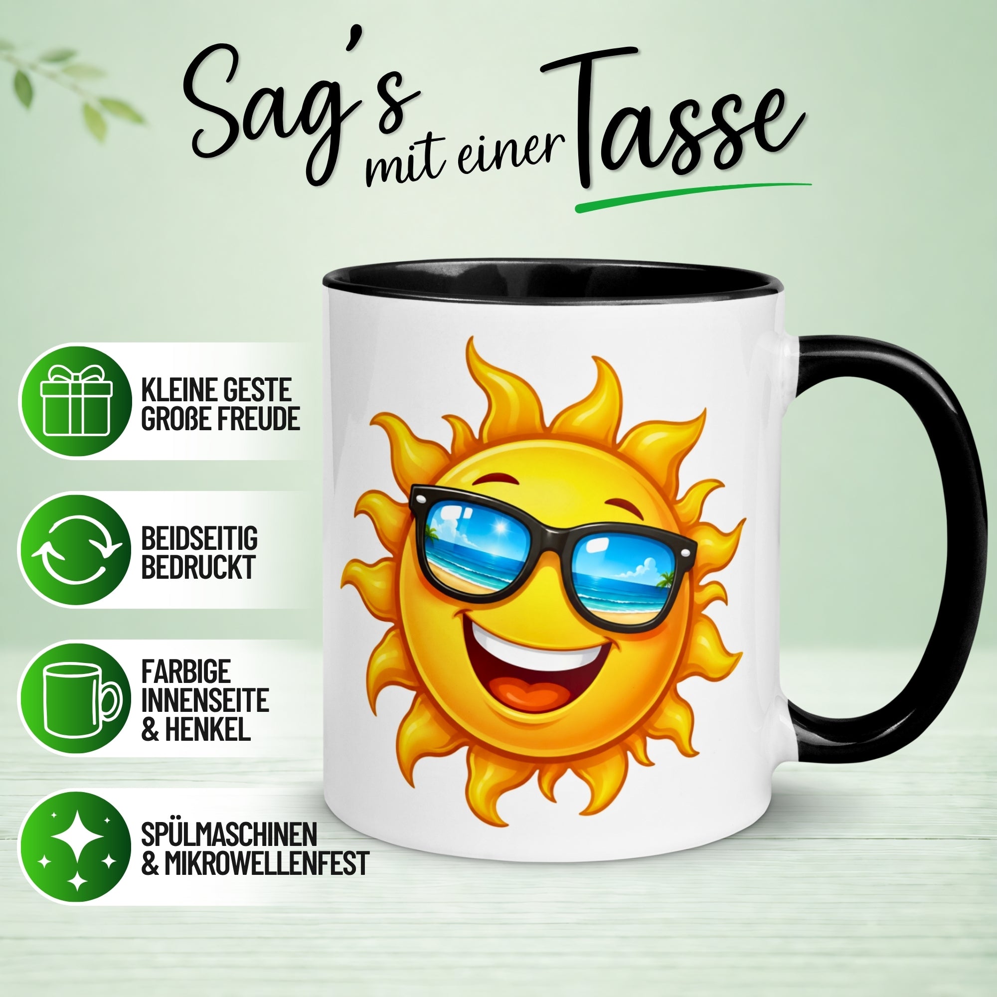 Tasse Guten Morgen – „Strahlende Sonne mit Sonnenbrille“ – Morgenmuffel Geschenk