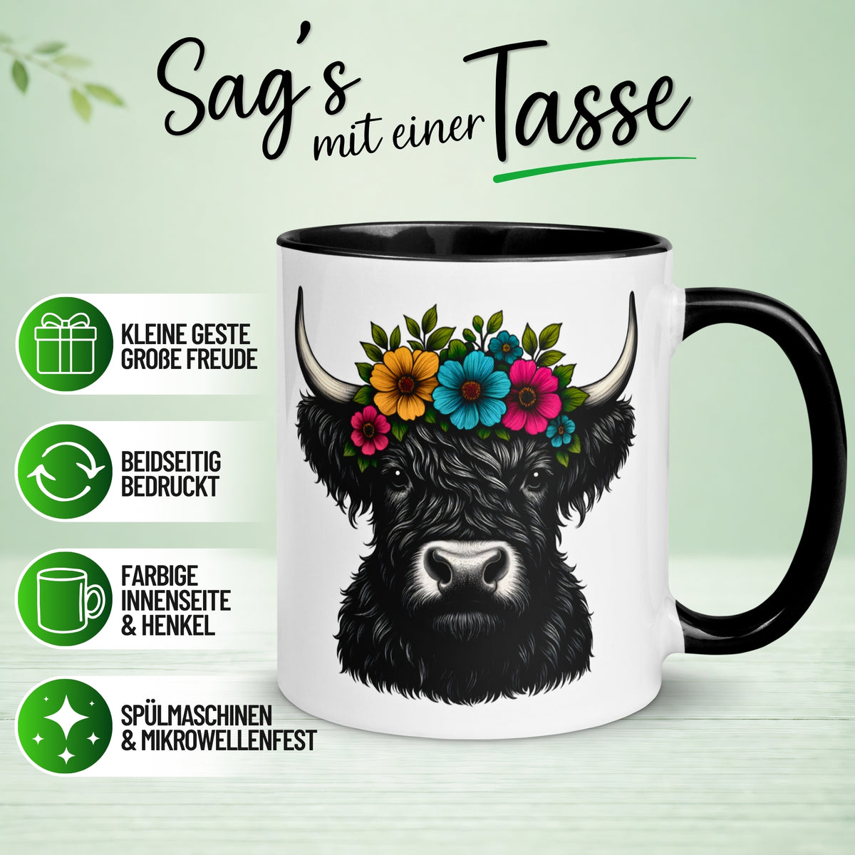 Tasse Kuh – „Highland Rind mit Blumenkranz“ – Geschenk Becher für Rinder Fans