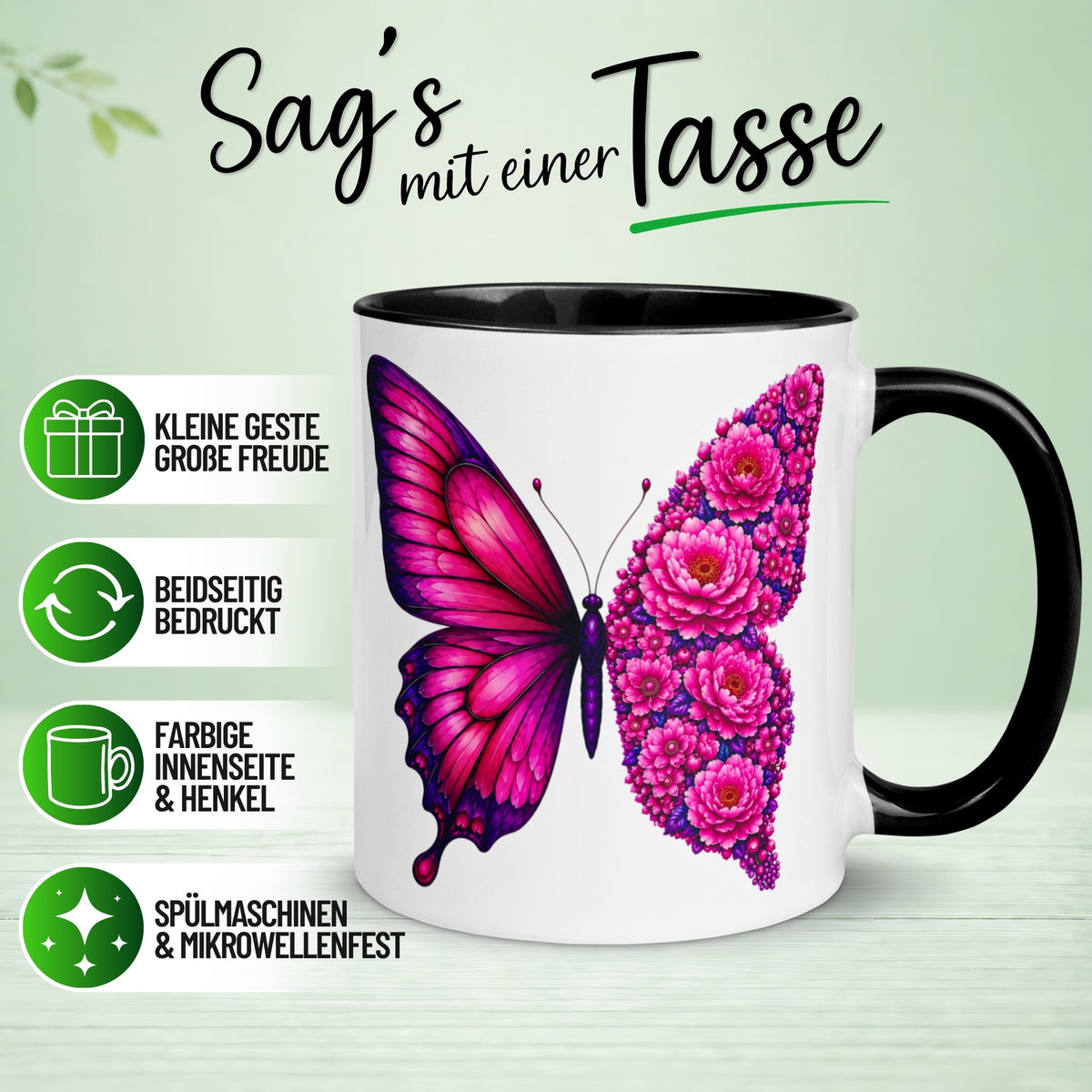 Tasse Schmetterling – „Pinkes Blütendesign“ – Geschenk mit Schmetterlingen