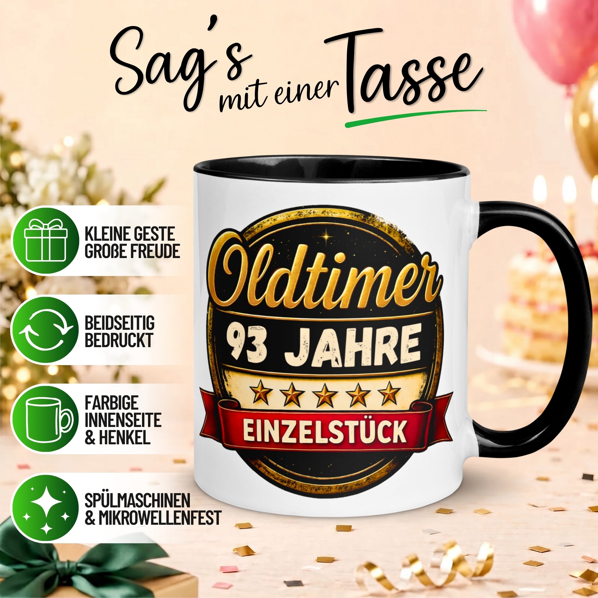 Tasse 93. Geburtstag Mann Frau – „Oldtimer – 93 Jahre – Einzelstück“ – Geschenk zum Geburtstag Männer Frauen