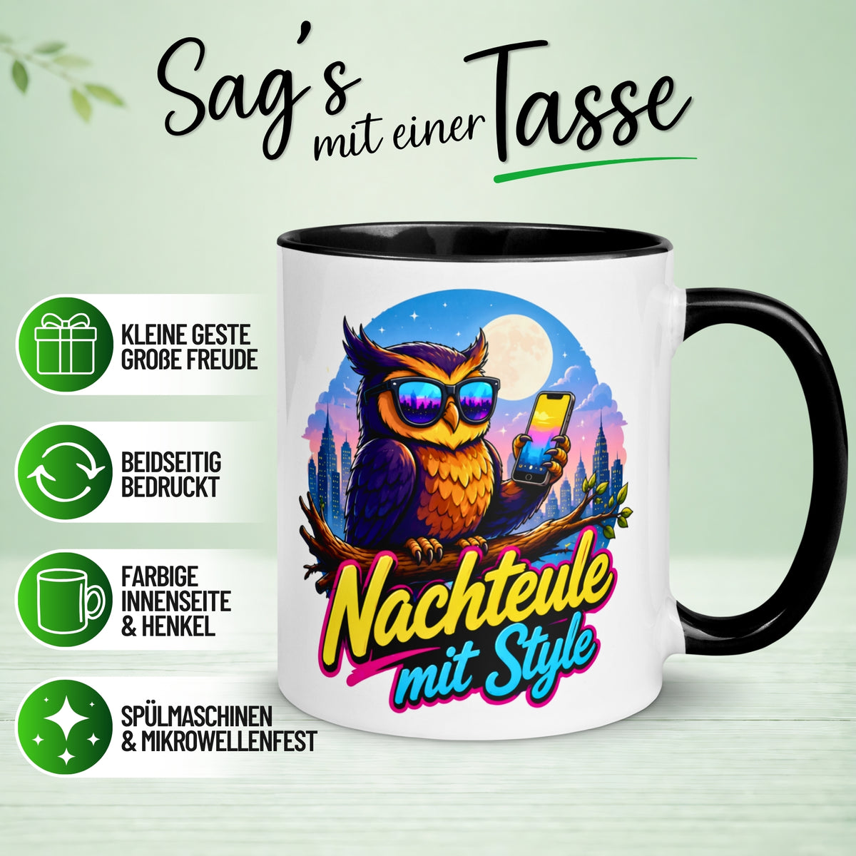 Tasse Eule – „Nachteule mit Style“ – lustiger Eulen Geschenk Becher für Nachtschwärmer