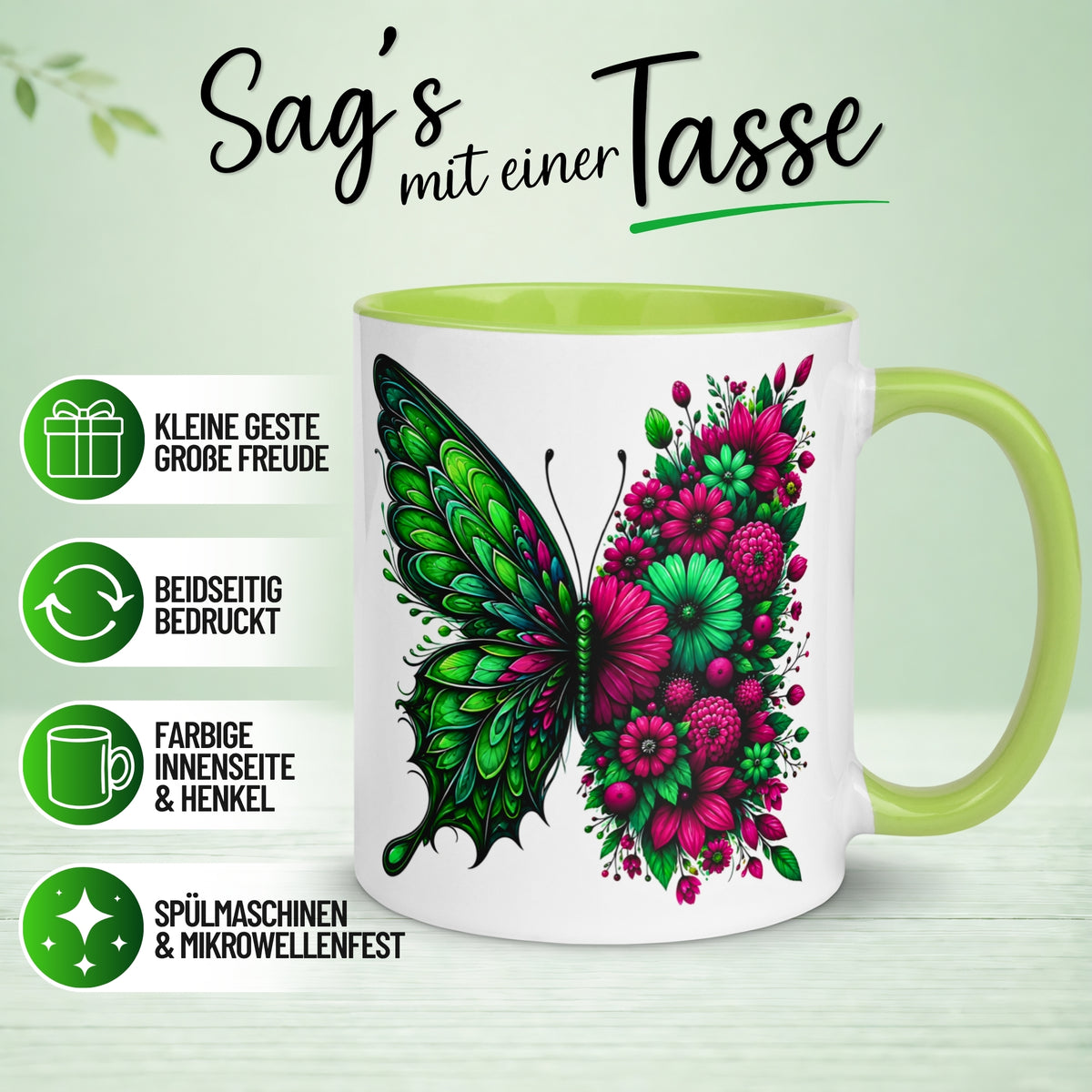 Tasse Schmetterling – „Blütendesign in Smaragdgrün“ – Geschenk mit Schmetterlingen