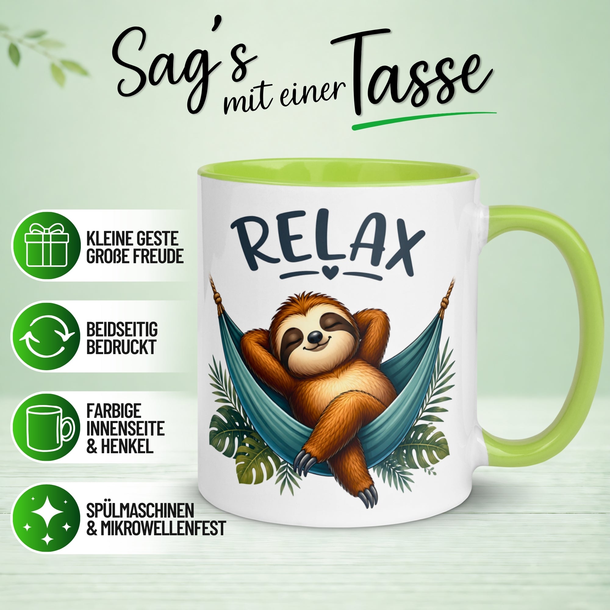 Tasse Faultier – „RELAX“ – lustiger Anti Stress Geschenk Becher zur Meditation