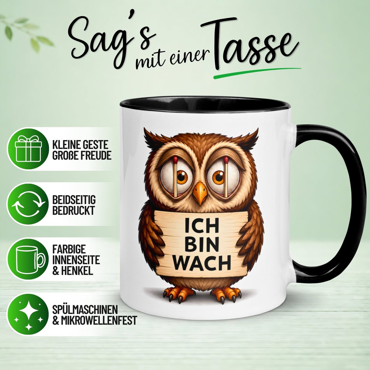 Tasse Eule – „Ich bin wach“ – lustiger Eulen Geschenk Becher für Morgenmuffel