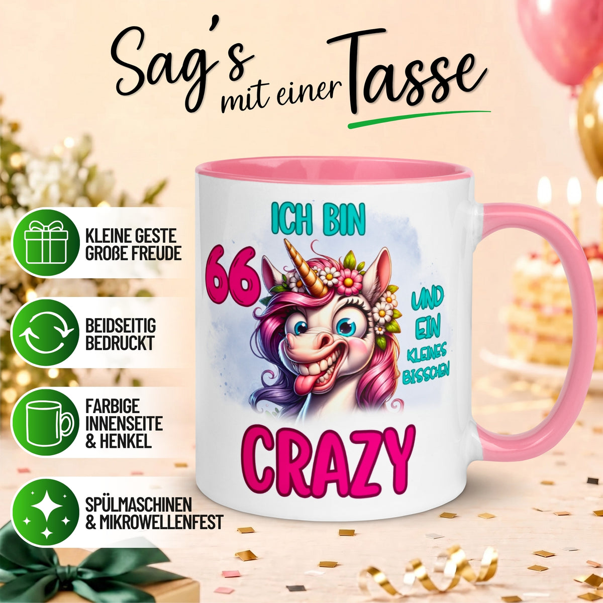 Tasse 66. Geburtstag Frau – „Ich bin 66 und ein kleines bisschen Crazy“ – Geschenk zum Geburtstag Frauen