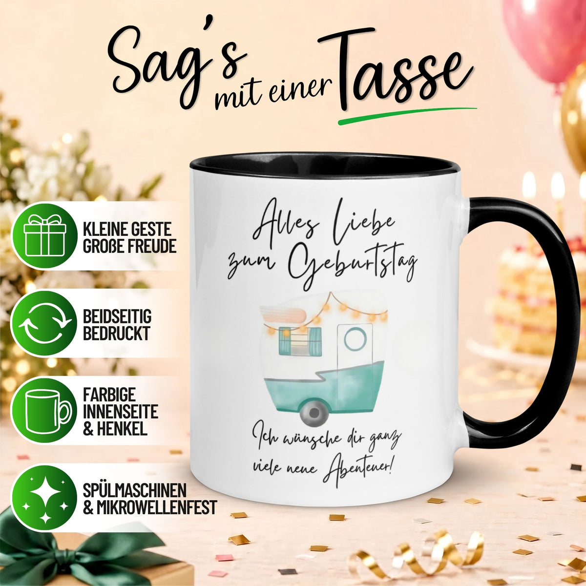 Tasse Geburtstag – „Viele neue Abenteuer“ – Geburtstagsgeschenk Mann Frau
