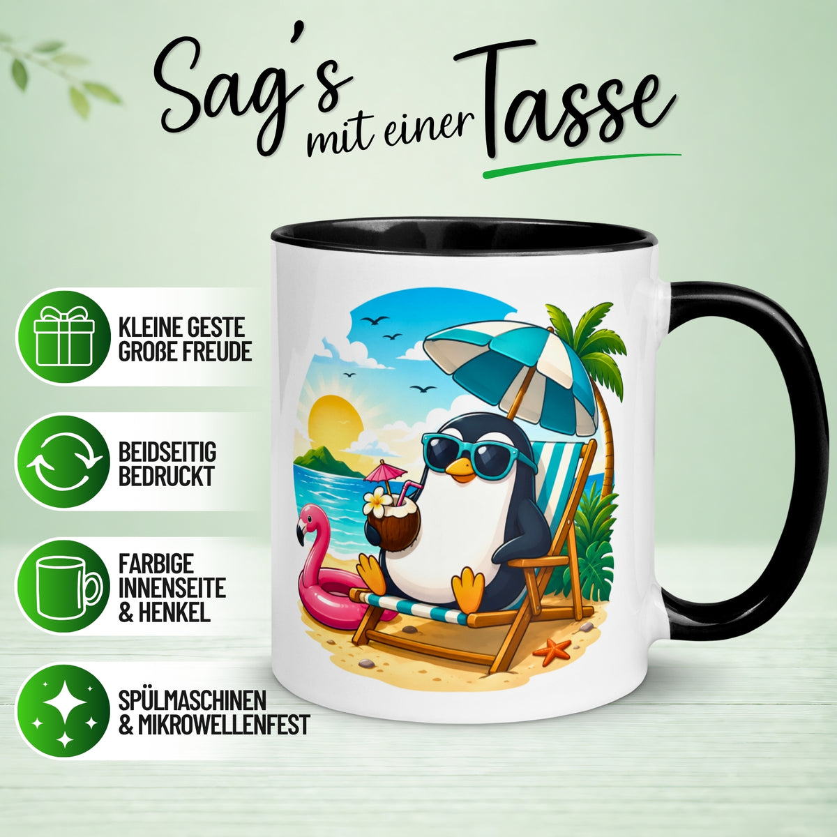 Tasse Pinguin – „Chilliger Pinguin am Strand“ – lustiges Anti Stress Geschenk