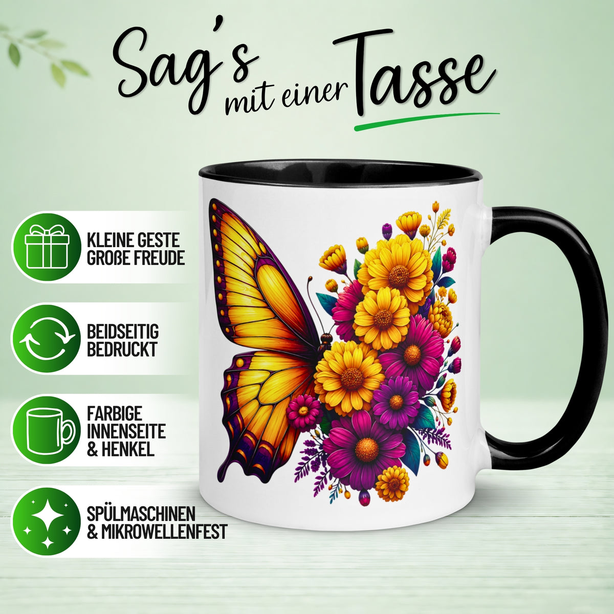 Tasse Schmetterling – „Blütendesign in Gelb“ – Geschenk mit Schmetterlingen