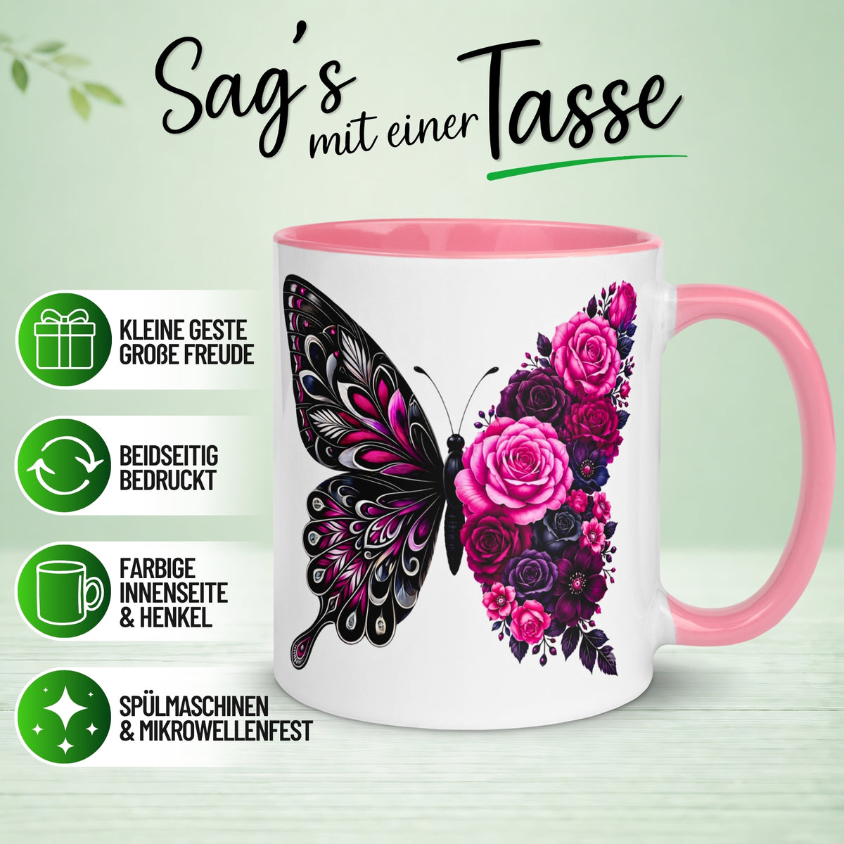 Tasse Schmetterling – „Schwarzes Blütendesign“ – Geschenk mit Schmetterlingen