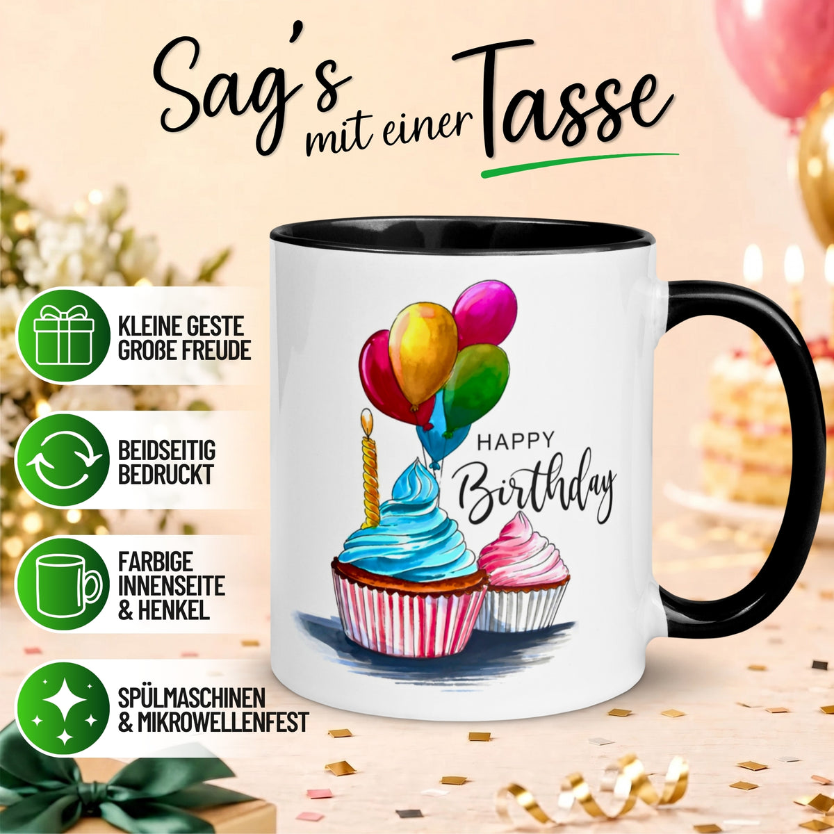 Tasse Geburtstag – „Cupcakes & Ballons“ – Geburtstagsgeschenk Mann Frau