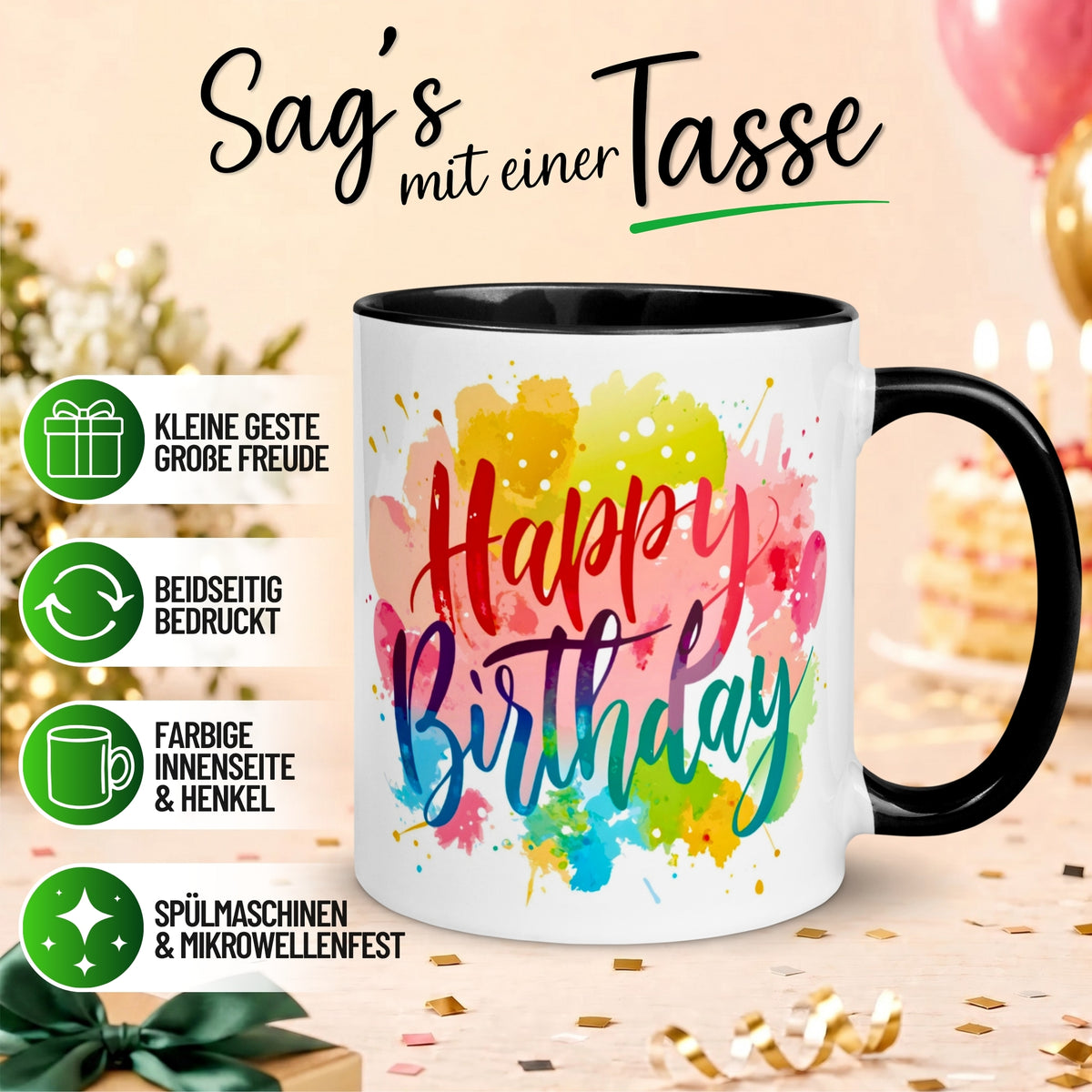Tasse Geburtstag – „Aquarell Happy Birthday“ – Geburtstagsgeschenk Mann Frau