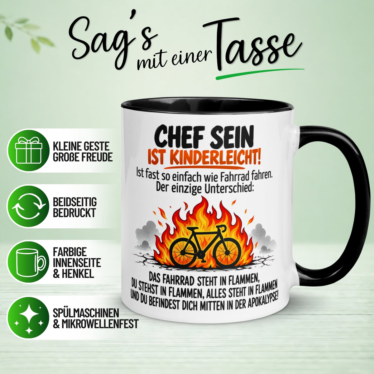 Tasse Chef – „Chef sein ist wie Fahrrad fahren in der Apokalypse“ – Geschenk Bester Chef