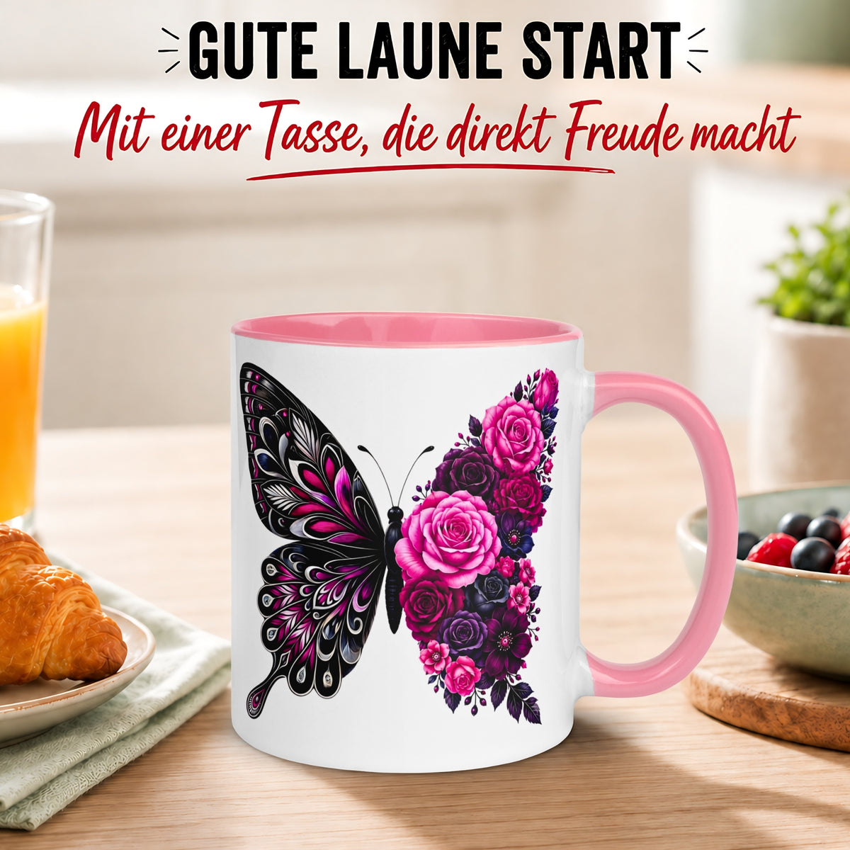 Tasse Schmetterling – „Schwarzes Blütendesign“ – Geschenk mit Schmetterlingen