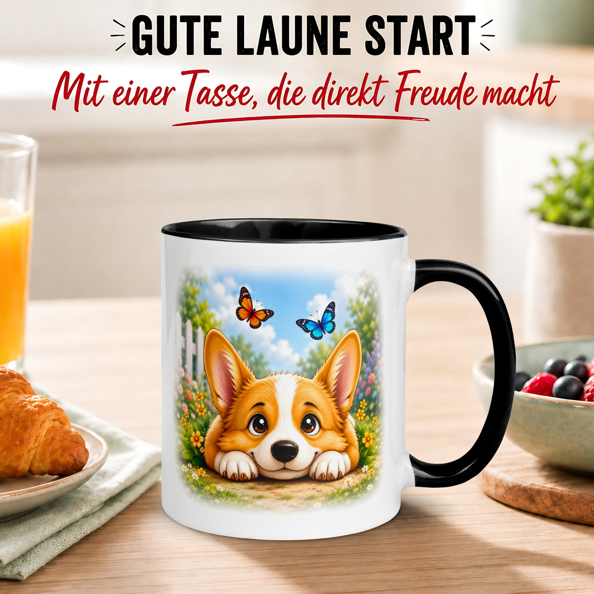 Tasse Hund – „Entspannte Schmetterlinge“ – lustiger Corgi Geschenk Becher