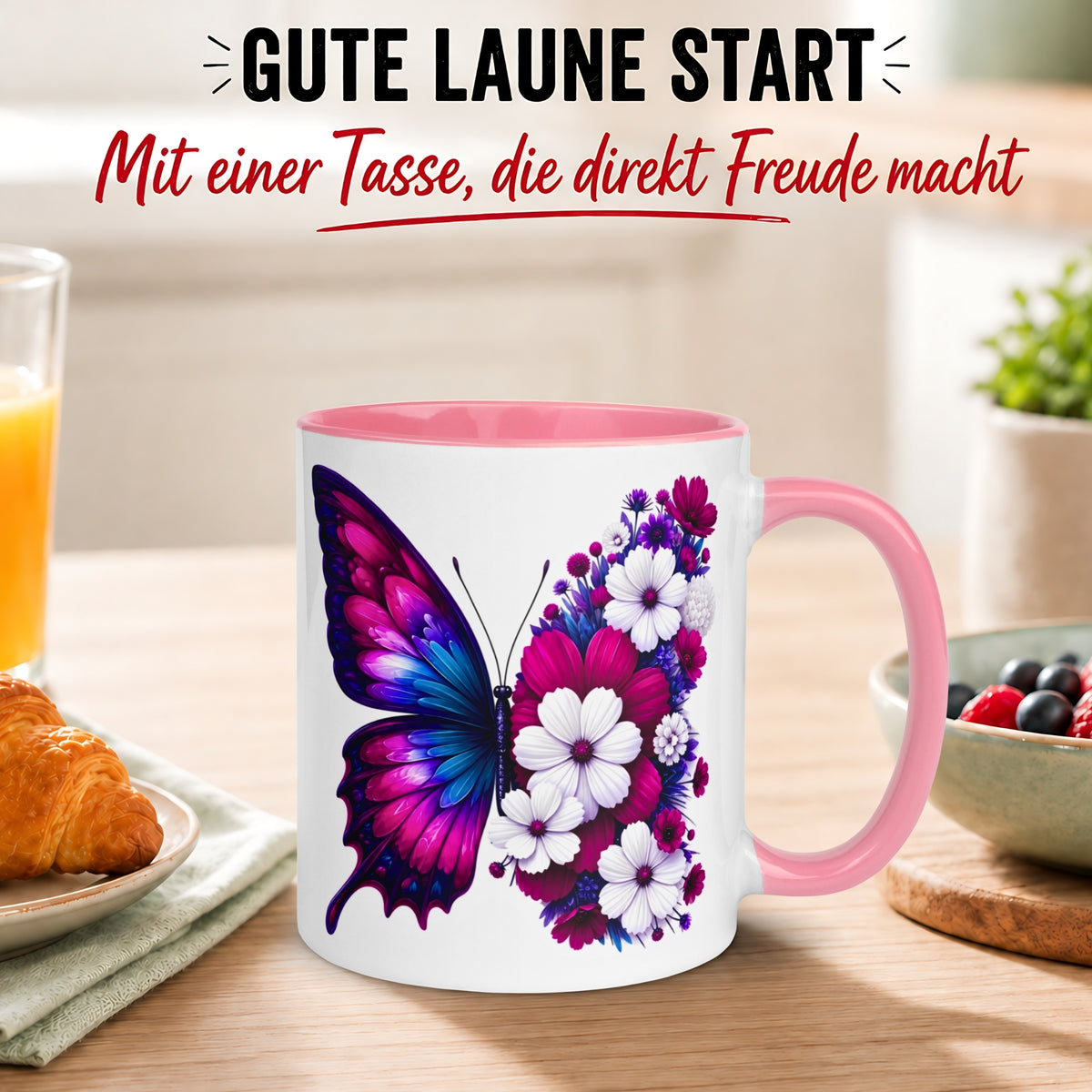 Tasse Schmetterling – „Blütendesign in Fuchsia“ – Geschenk mit Schmetterlingen