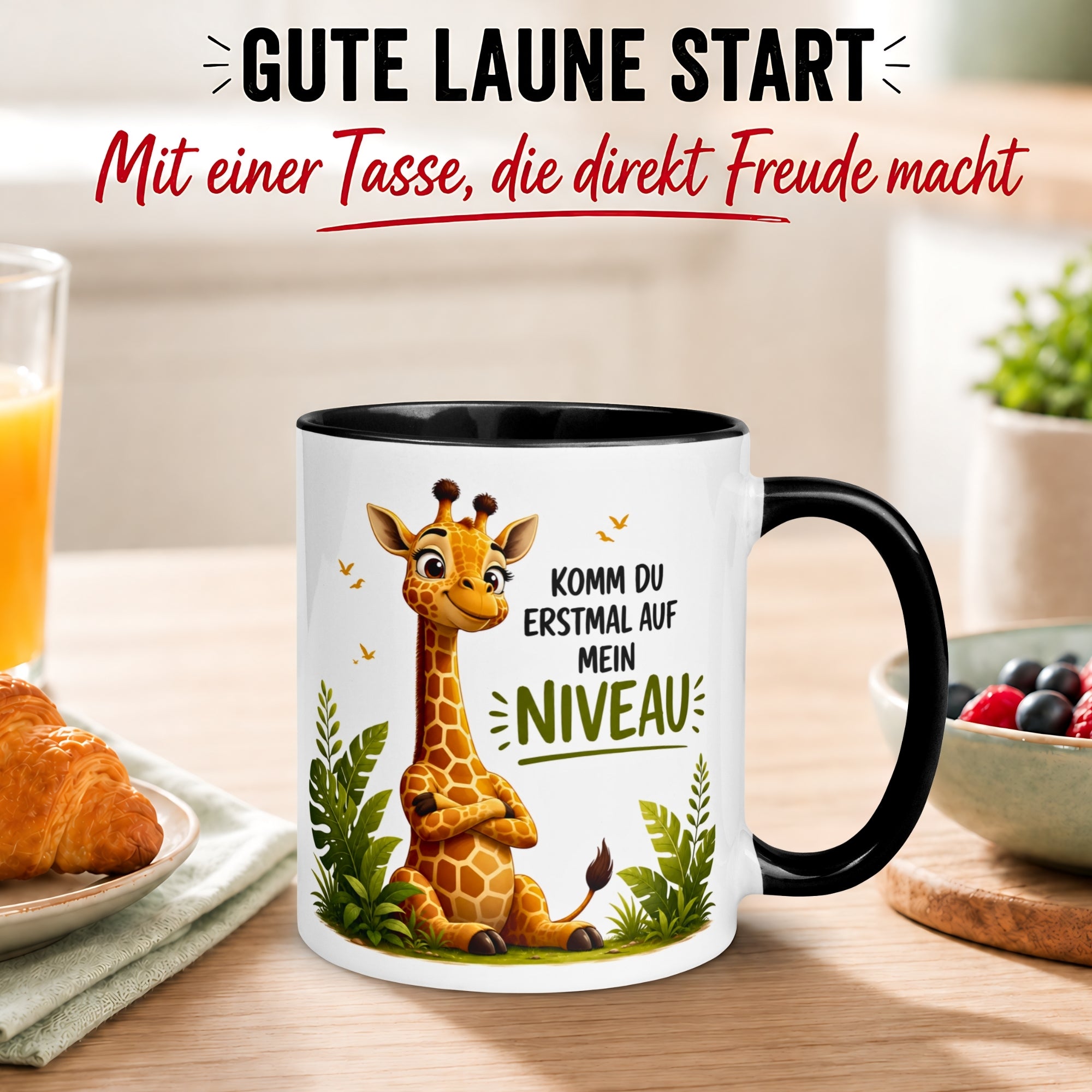 Tasse Giraffe – „Komm du erstmal auf mein Niveau“ – lustiger Giraffen Geschenk Becher