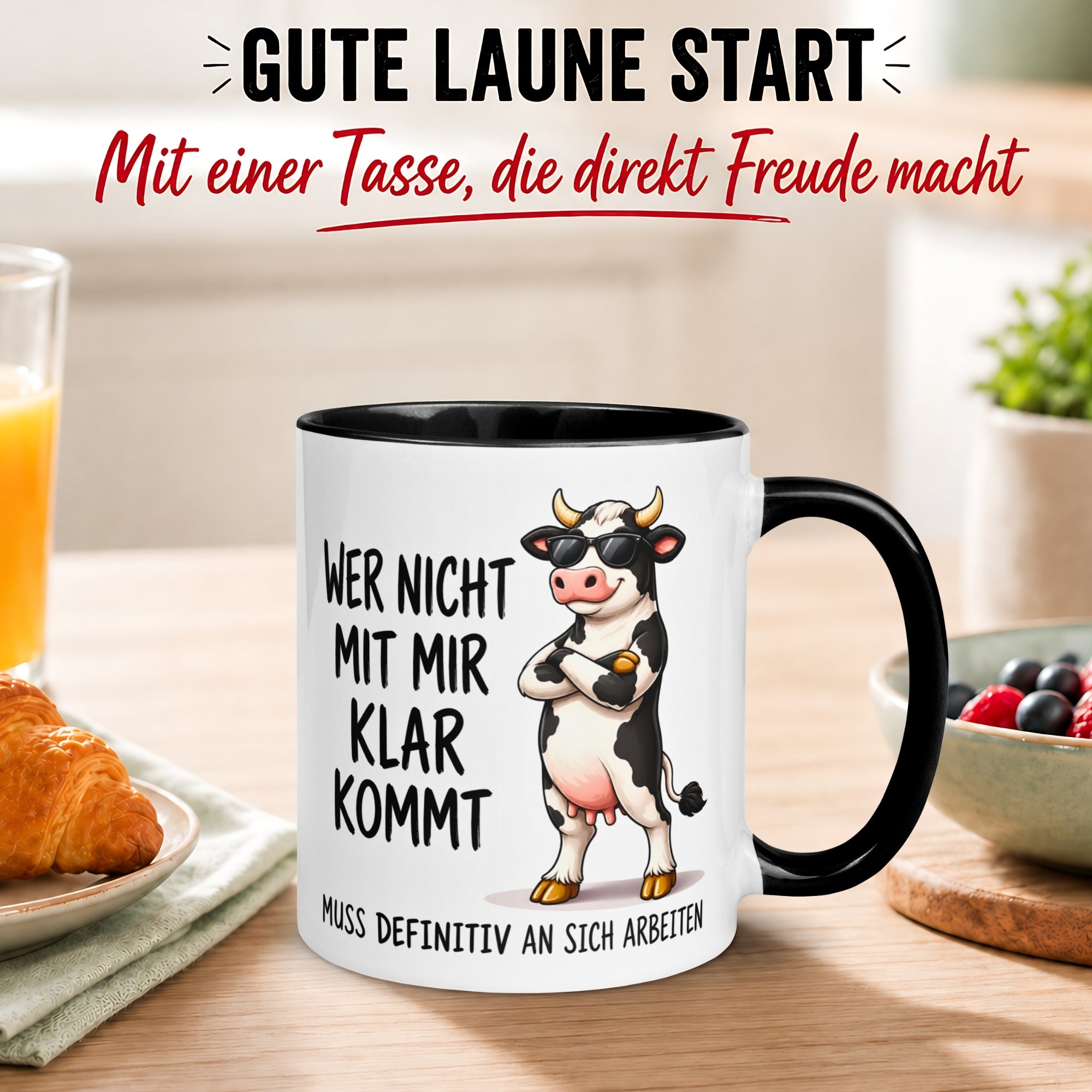 Tasse Kuh – „Wer nicht mit mir klar kommt“ – lustiger Kuh Geschenk Becher