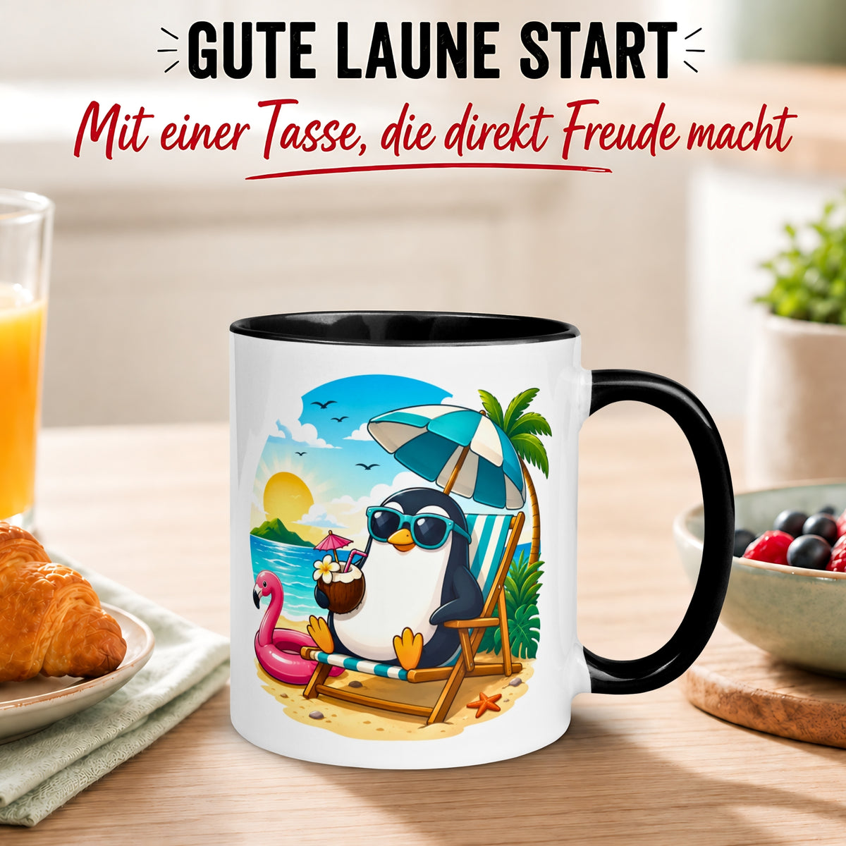Tasse Pinguin – „Chilliger Pinguin am Strand“ – lustiges Anti Stress Geschenk
