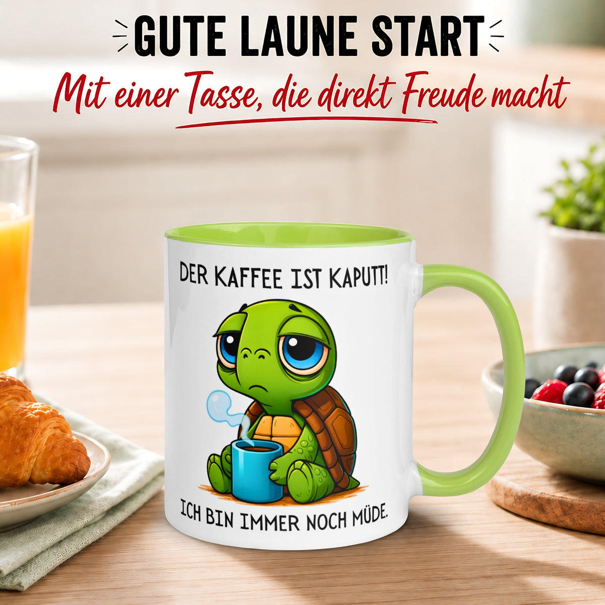 Tasse Schildkröte – „Der Kaffee ist kaputt“ – lustiges Morgenmuffel Geschenk