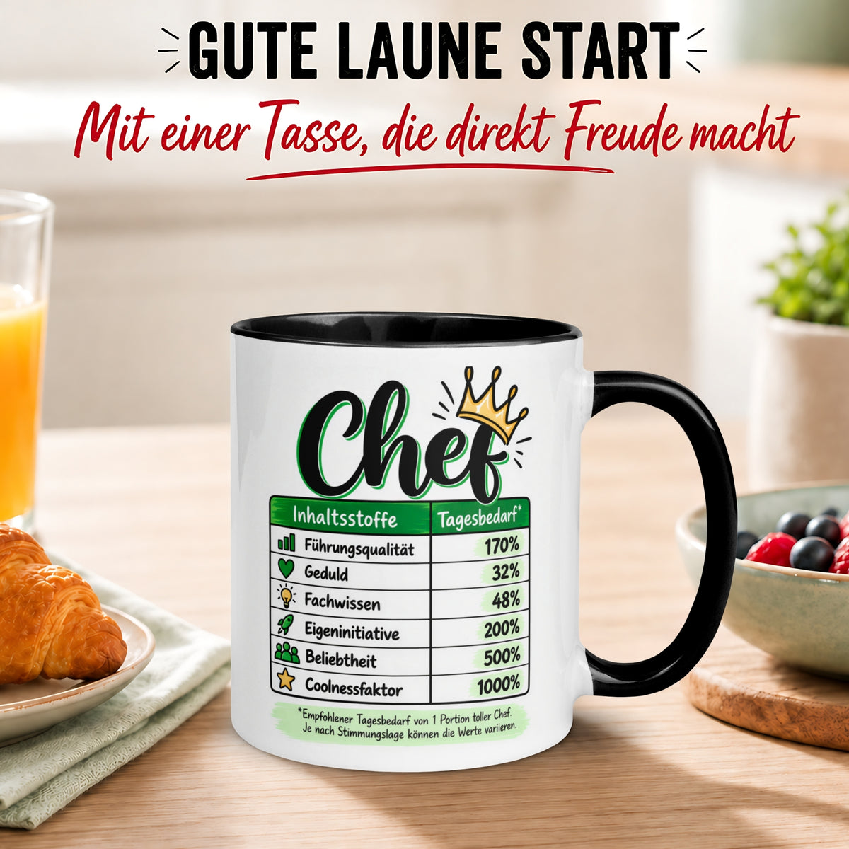 Tasse Chef – „Inhaltsstoffe - Führungsqualität und Coolness“ – Geschenk Bester Chef
