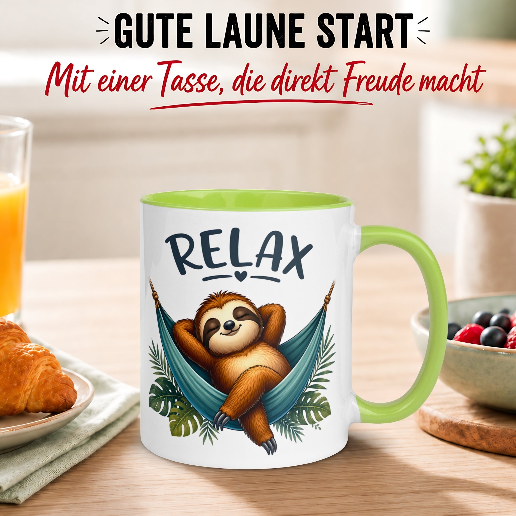 Tasse Faultier – „RELAX“ – lustiger Anti Stress Geschenk Becher zur Meditation