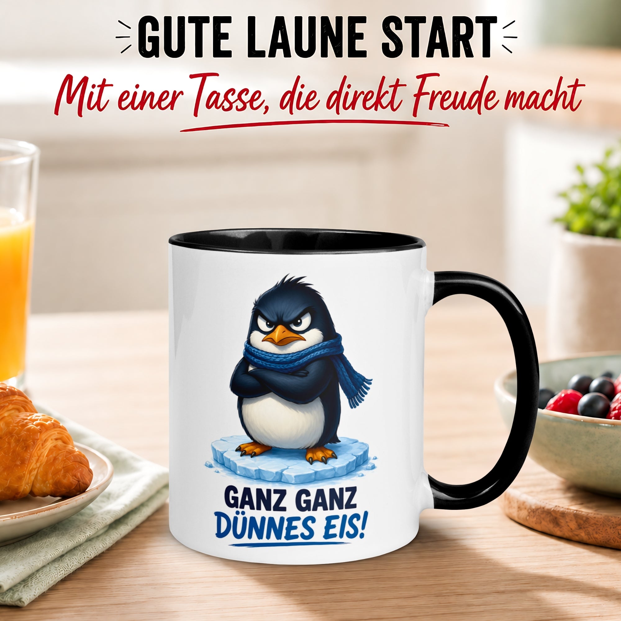 Tasse Pinguin – „Ganz ganz dünnes Eis“ – lustiger Geschenk Becher für Morgenmuffel
