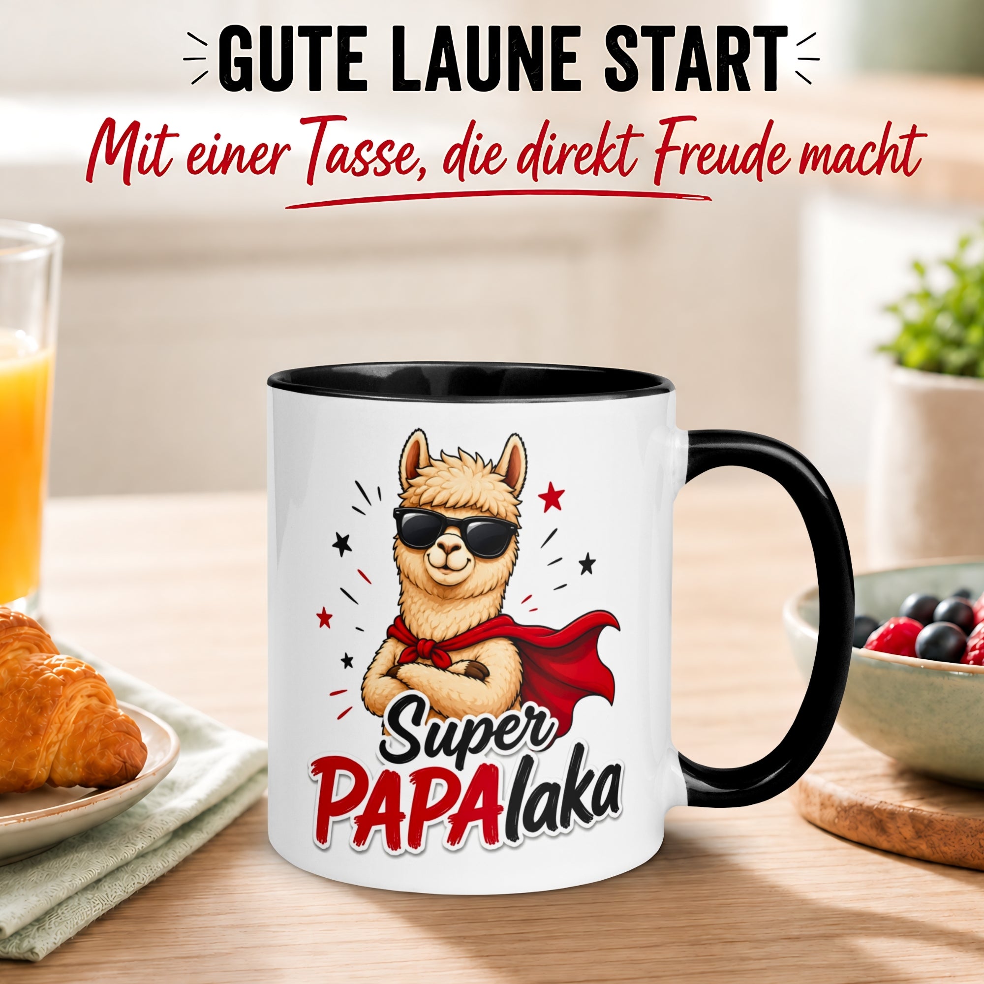 Tasse Alpaka – „Super PAPAlaka“ – lustiger Geschenk Becher für Superhelden Fans