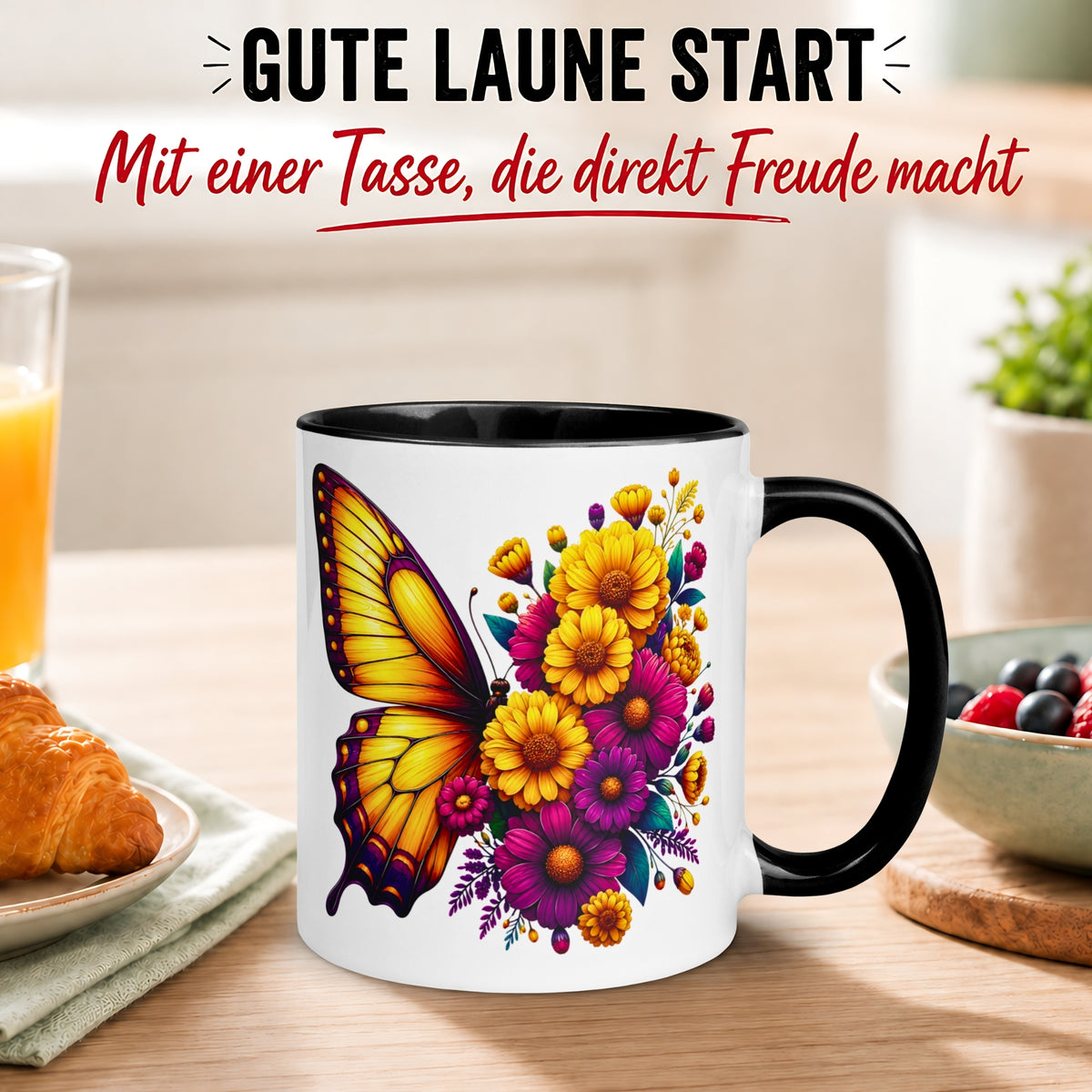 Tasse Schmetterling – „Blütendesign in Gelb“ – Geschenk mit Schmetterlingen